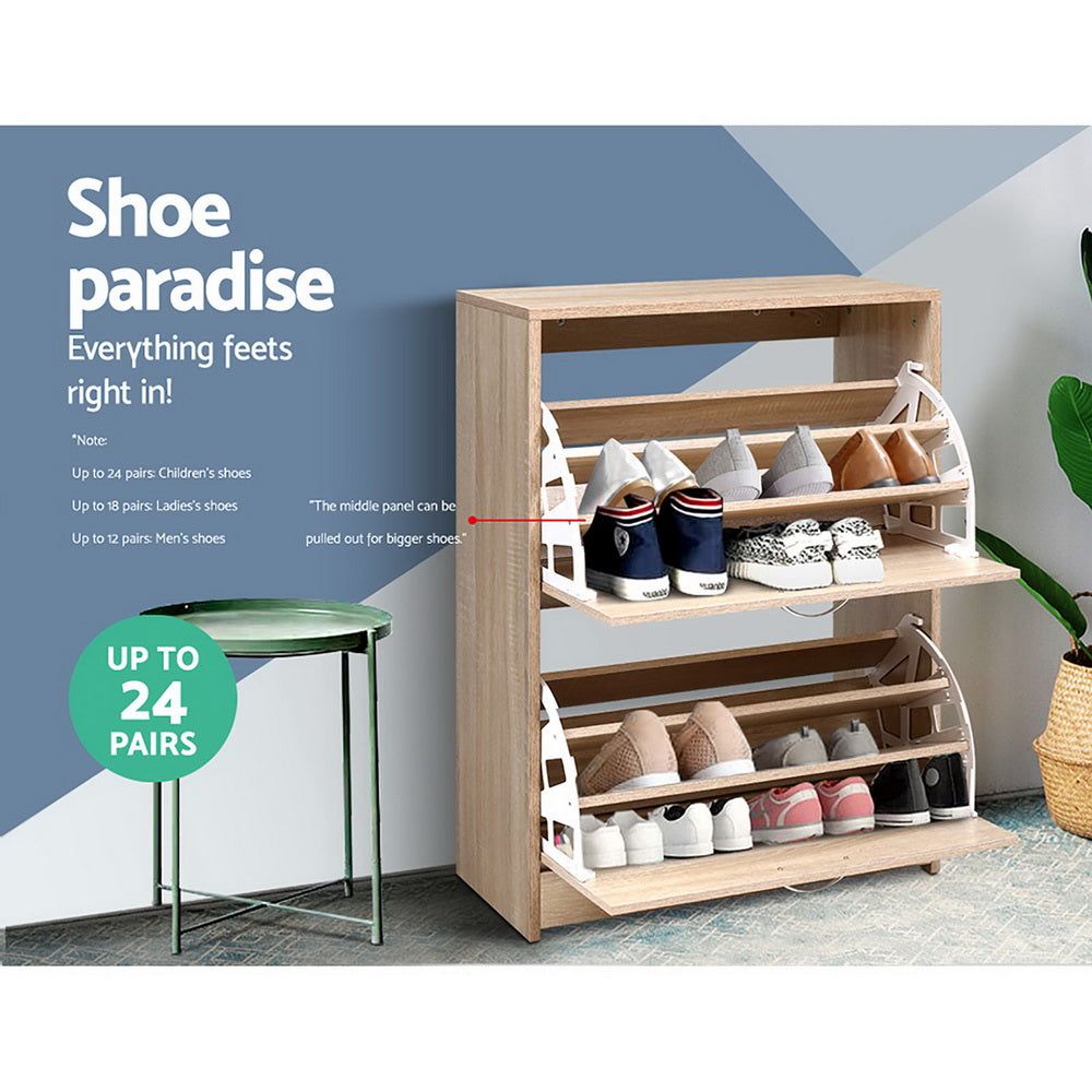 24-Pair Shoe Storage Cabinet - Oak Wood Shoe Organizer Rack with Shelf for Entryway, Closet & Bedroom Organization