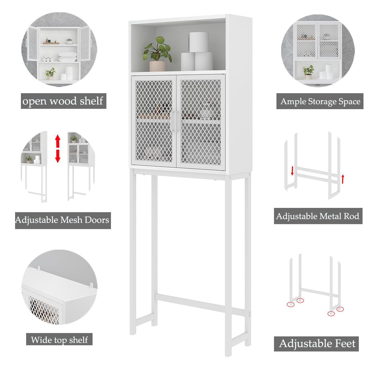 Over The Toilet Storage Cabinet - Industrial Bathroom Organizer with Rack | Freestanding Space Saving Shelf for Bathroom | White Oak Wood & Metal Design | Perfect for Small Bathrooms, Apartments & Dorm Rooms