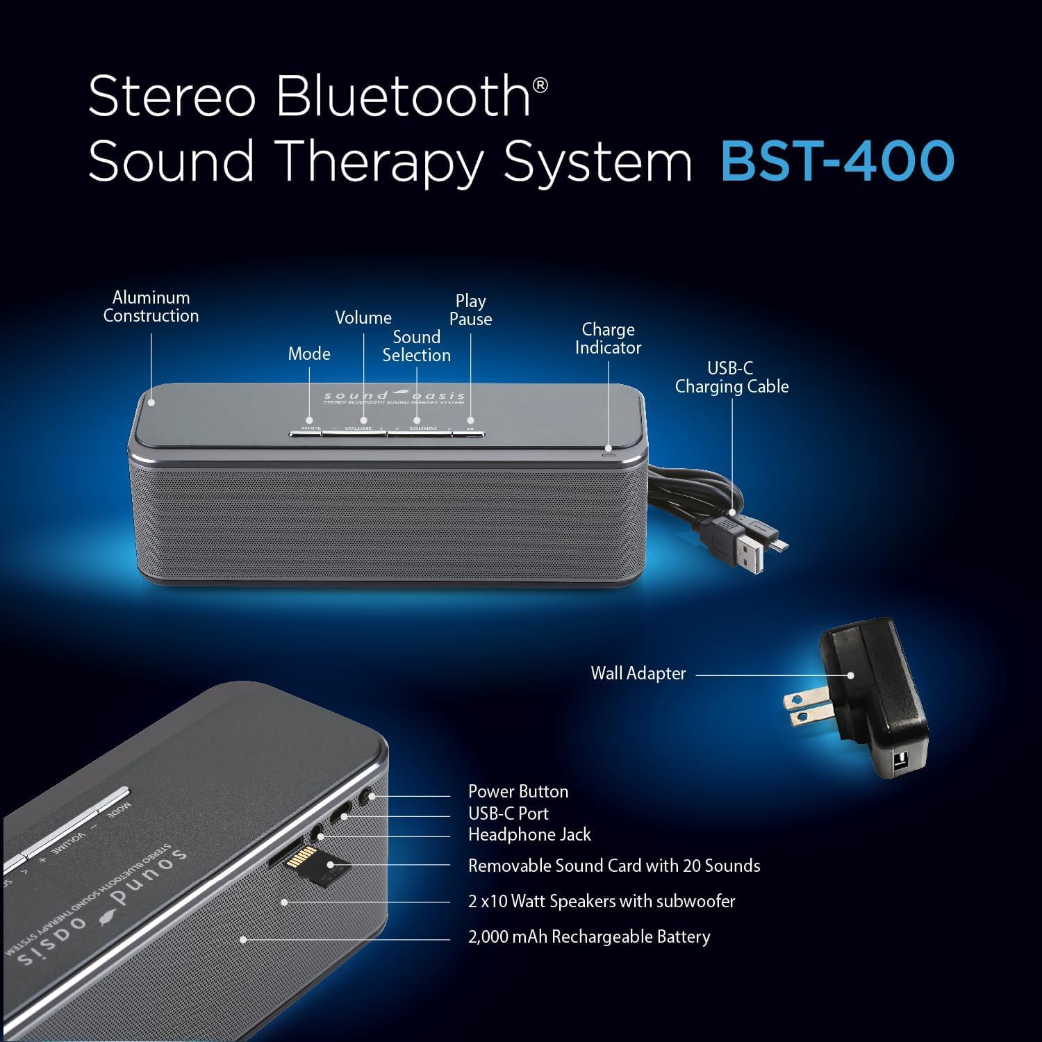 Sound Oasis Stereo Bluetooth Sound Machine for Sleep & Tinnitus Relief - 20 Non-Looping Soothing Sounds with Pink Noise | Hi-Fidelity Portable Speaker for Home, Baby Nursery, Office & Travel | White Noise Therapy for Relaxation, Meditation & Better Sleep