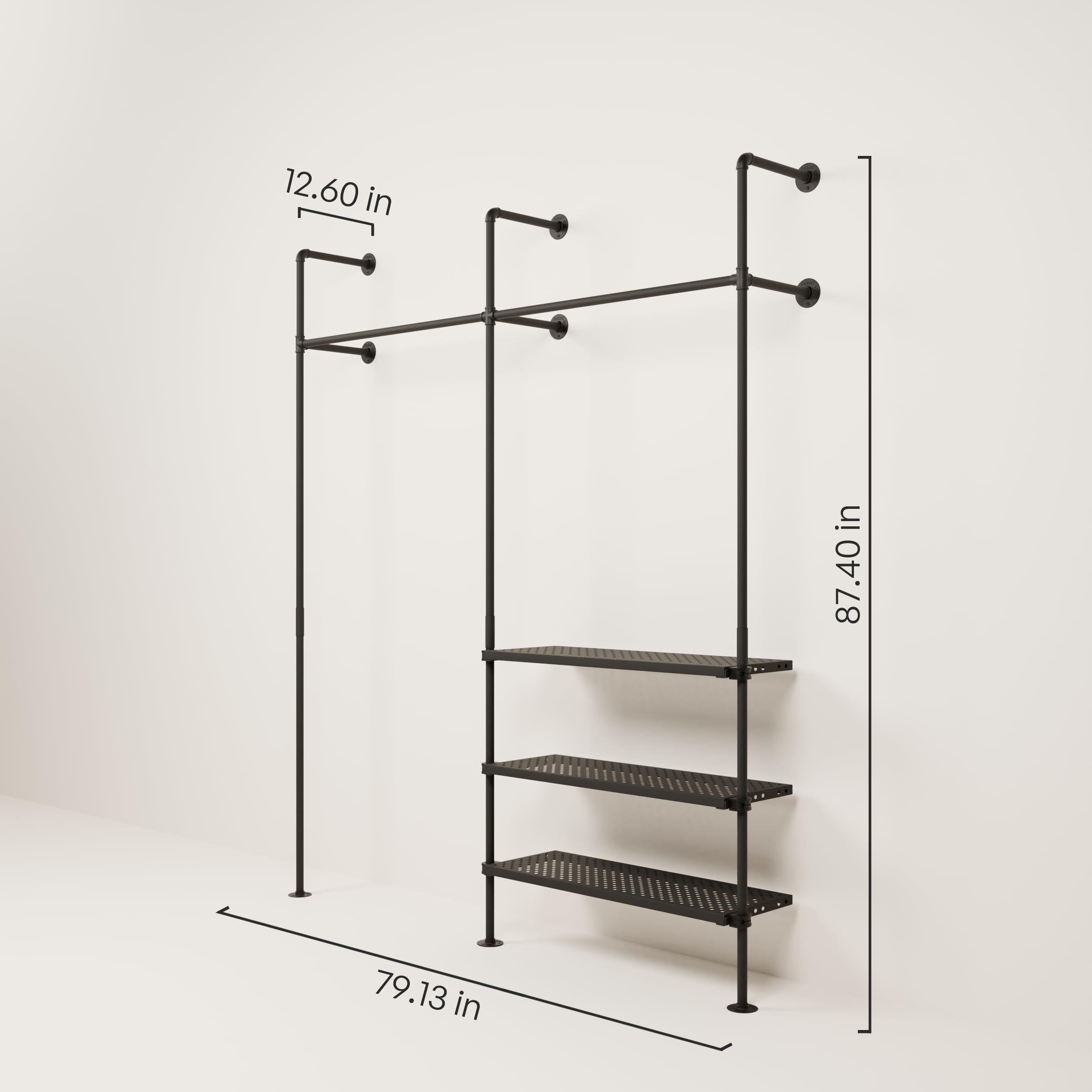 Heavy Duty Industrial Pipe Clothing Rack with Shelf - 520 lbs Capacity Wall Mounted Garment Rack - Walk In Closet Organizer with Metal Shelf for Wardrobe Storage - Perfect for Bedroom, Laundry Room & Commercial Use