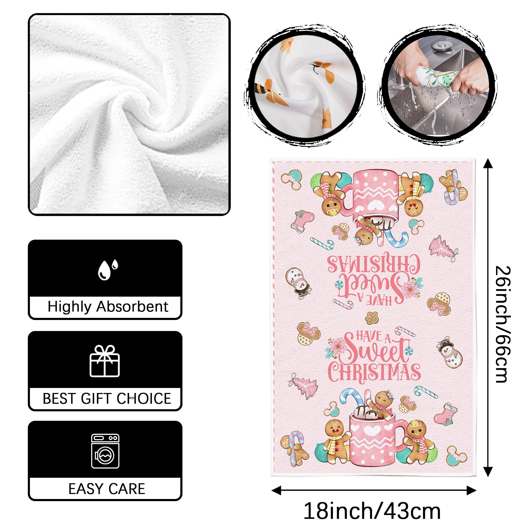 Pink Gingerbread Christmas Kitchen Towels - Holiday Dish Towels with Gingerbread Mouse & Candy Cane Designs - Festive Xmas Decor for Home Kitchen, Party & New Year Celebrations - Perfect for Baking, Cooking & Holiday Entertaining