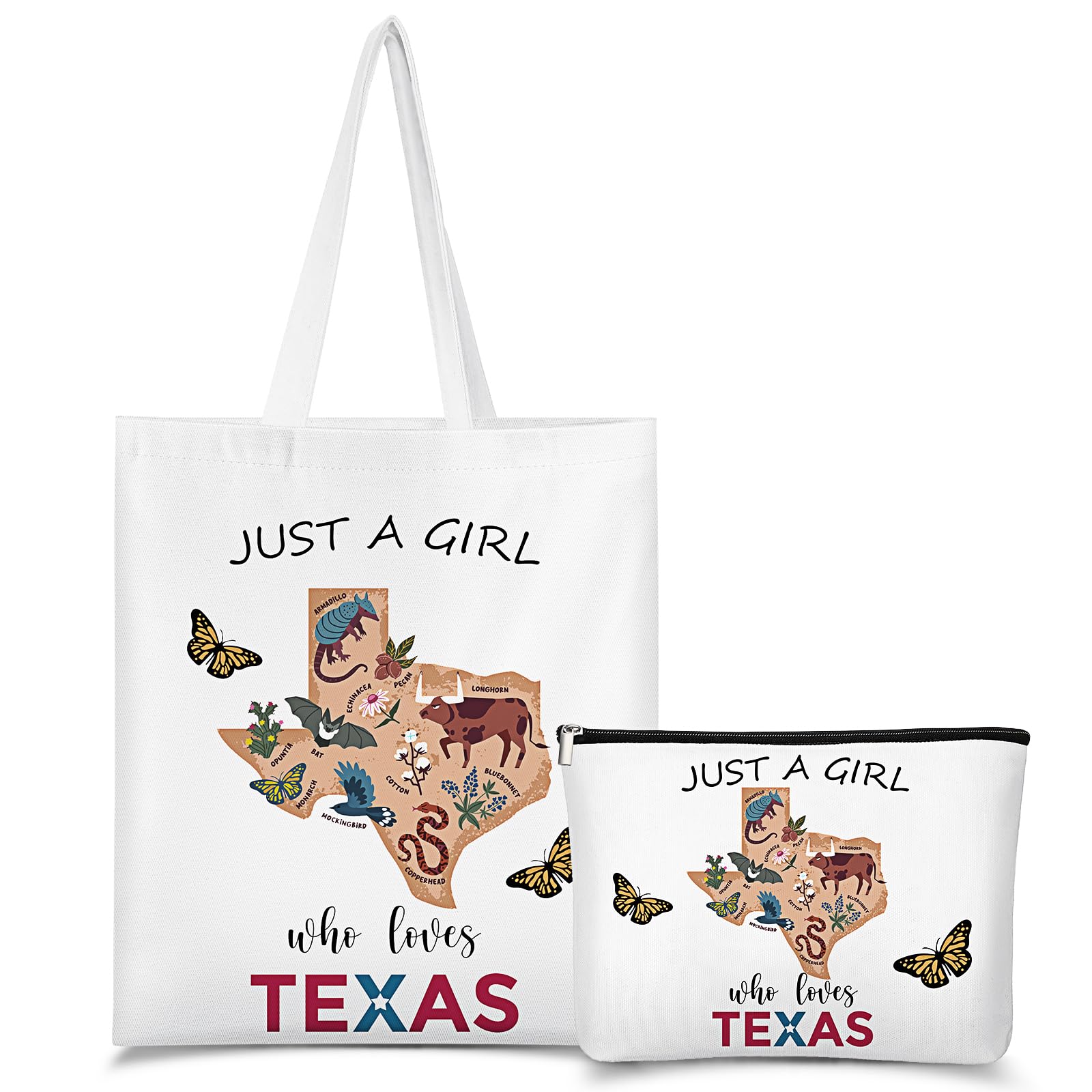 Texas Gift Set - 2 Pcs Canvas Tote Bag & Makeup Bag for Women | Souvenirs, Bachelorette Party Gifts | Perfect for Travel, Shopping & Texas-Themed Events