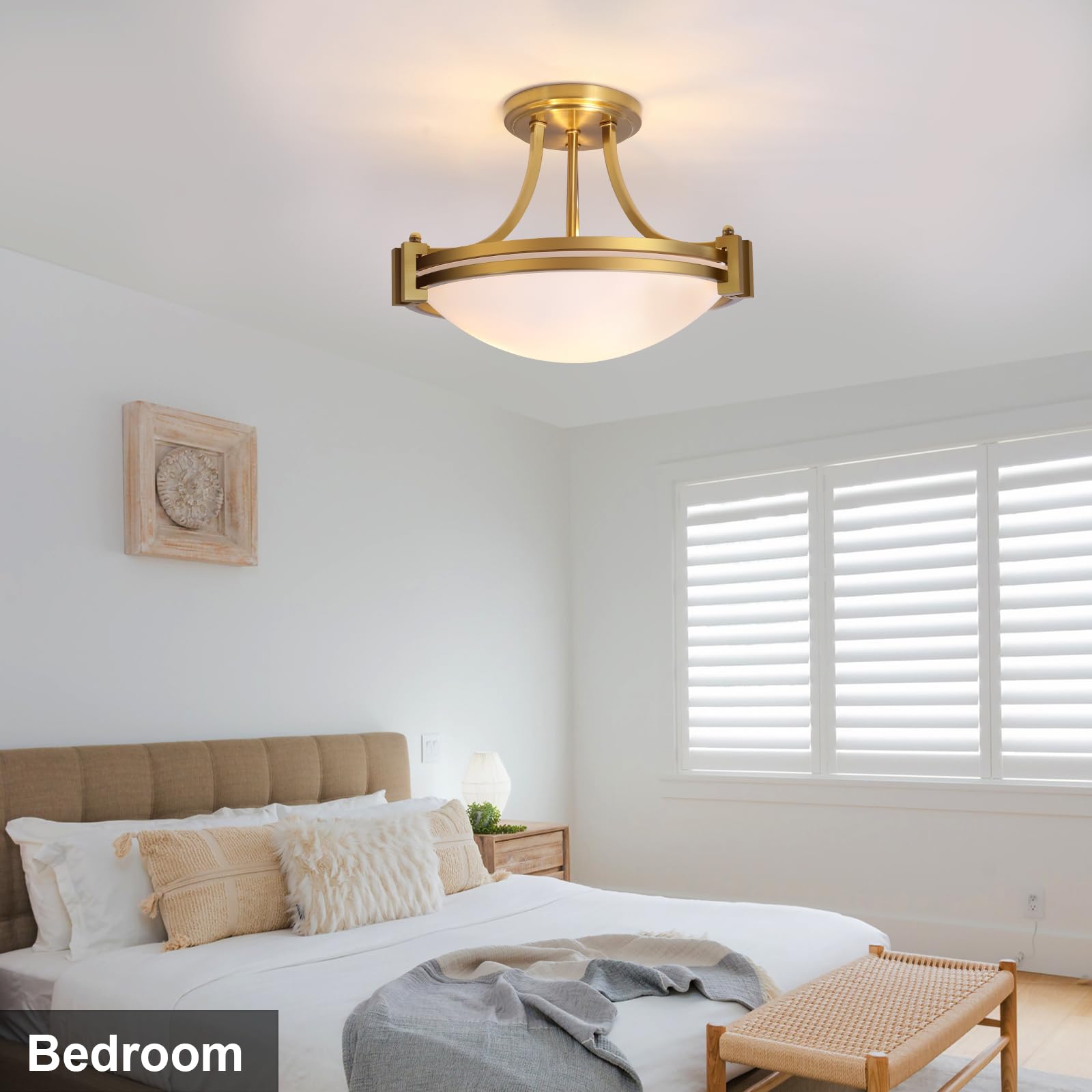 Bektas 12 Inch Brushed Gold Semi Flush Mount Ceiling Light Fixture with Milk Glass Shade - 2-Light Modern Lighting for Bedroom, Kitchen, Bathroom, Hallway, Foyer, Living Room & Dining Room | Perfect for Ambient Lighting and Home Decor