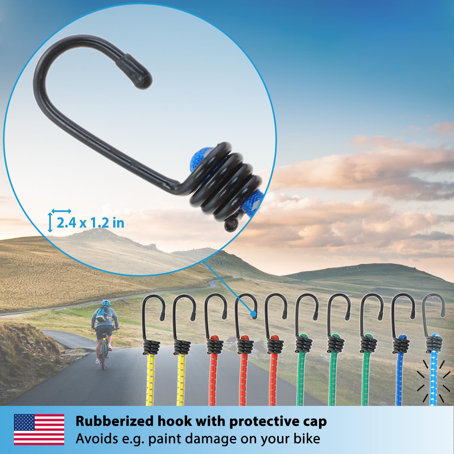 Valonic Heavy-Duty Reflective Bungee Cords with Hooks - 10-Pack Super Elastic Straps (200% Stretch) for Motorcycle, Bike, Kayak, Camping Tent, Pool Cover & Outdoor Gear - Perfect for Securing Cargo, Tying Down Equipment & Organizing Outdoor Adventures