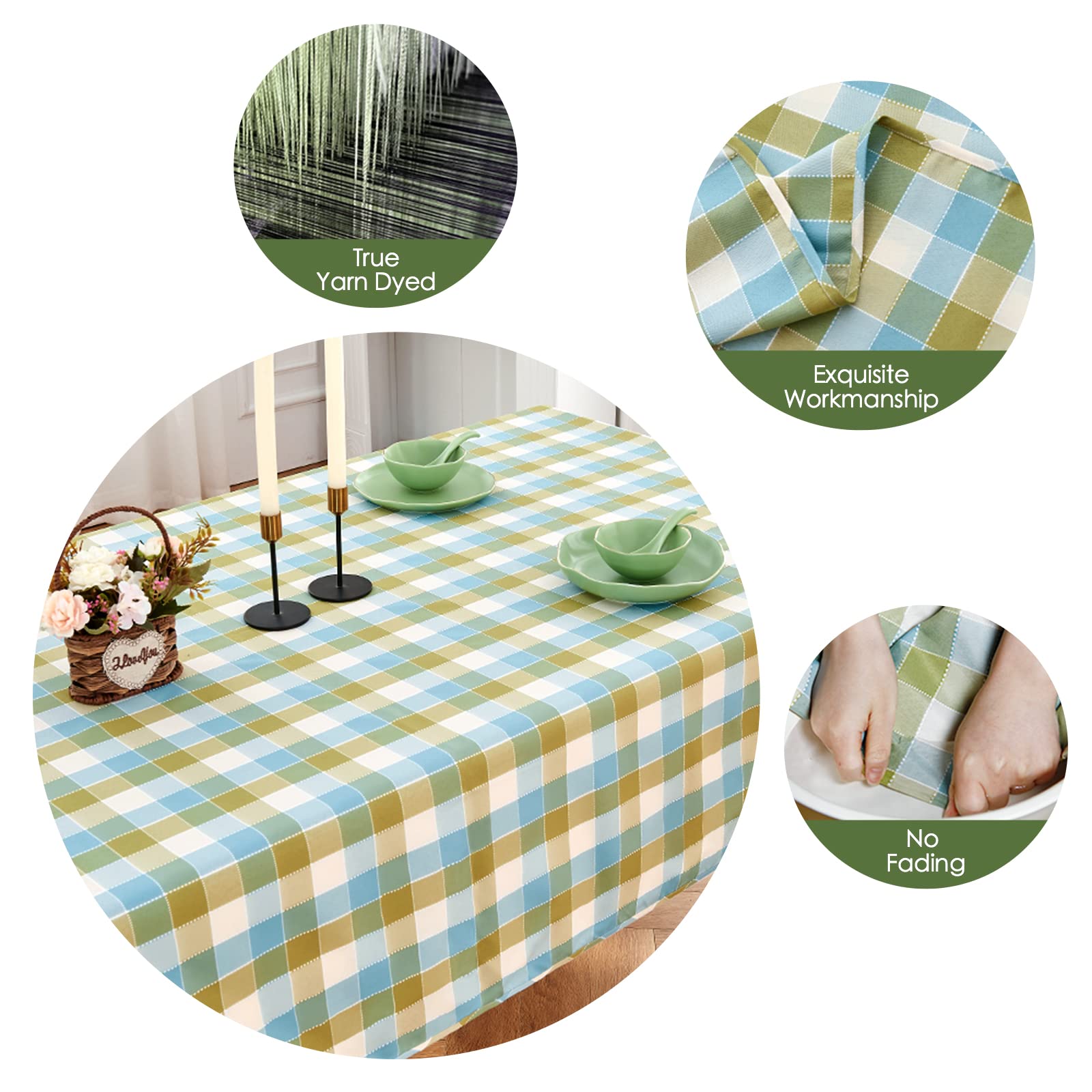 Buffalo Plaid Reversible Washable Tablecloth - Yarn Dyed Gingham Checkered Rectangle Table Cover for Kitchen, Dining, Holiday Dinner & Outdoor Picnic - Blue Green 55×95 Inches - Perfect for Easter Decorations & Family Gatherings