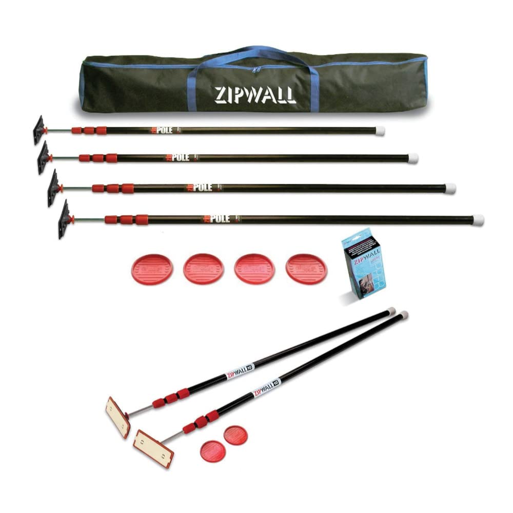 Zipwall 10-Ft ZipPole Dust Barrier System with 4 Plastic Sheets - Professional Drywall Dust Containment for Home Renovation & Construction Projects