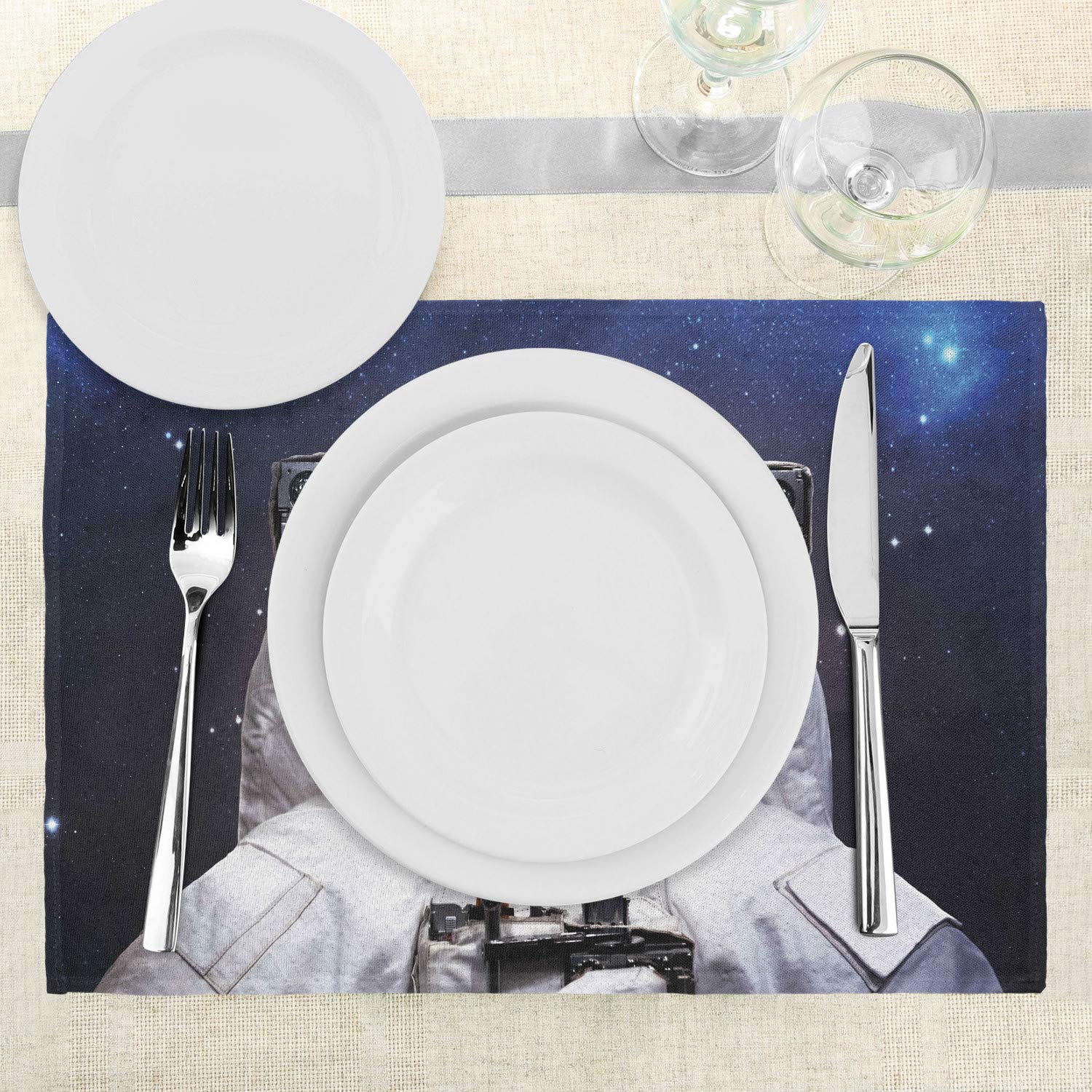 Ambesonne Space Cat Placemats Set of 4 - Milky Way Galaxy Astronaut Cat with Stars Design - Washable Fabric Table Mats for Dining Room & Kitchen Decor - Navy Blue & White - Perfect for Sci-Fi Themed Dinners & Space Enthusiast Home Decor