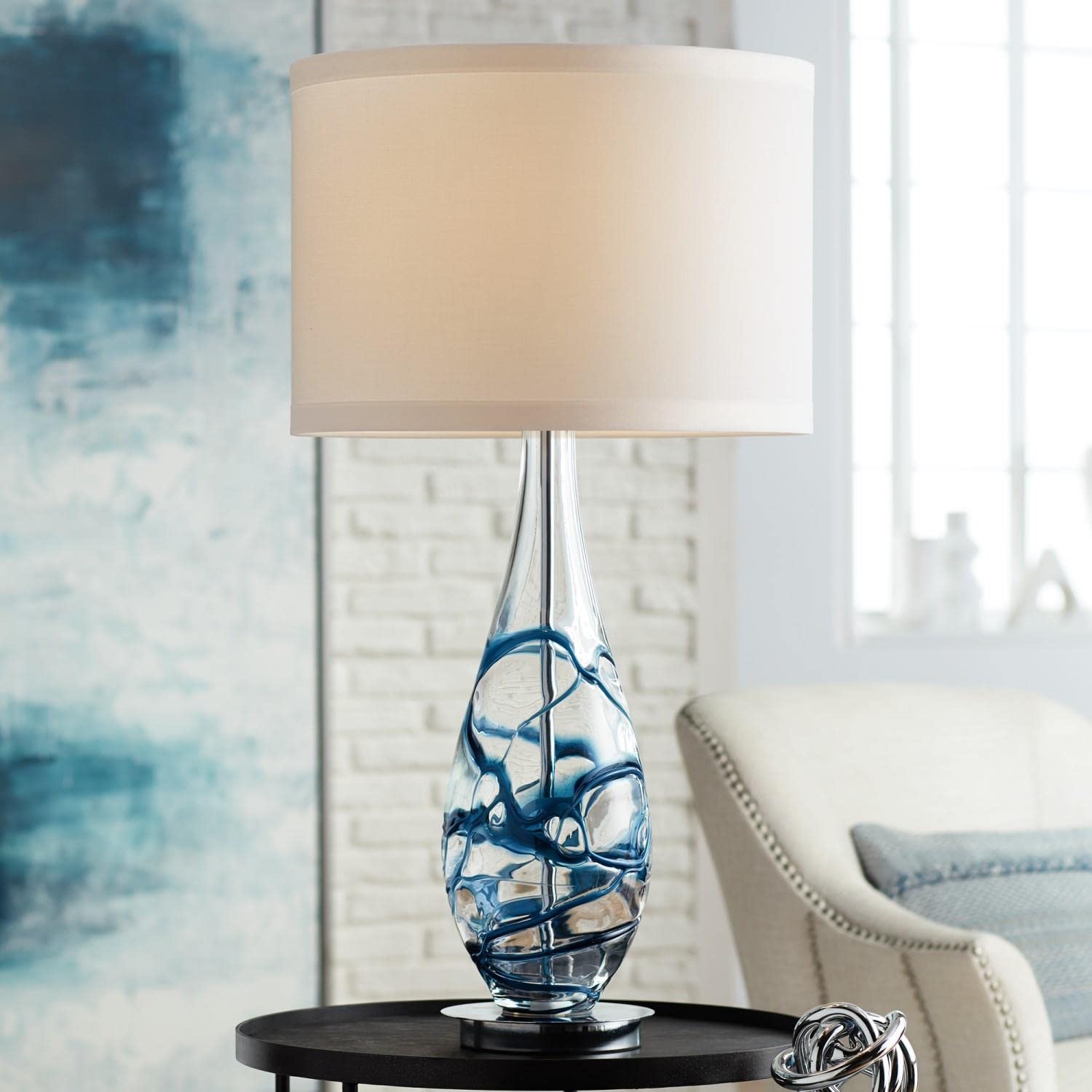 Handmade Indigo Art Glass Table Lamp - Elegant Blue Stained Glass Shade with Brass Base - Perfect for Bedroom, Living Room, or Office Decor