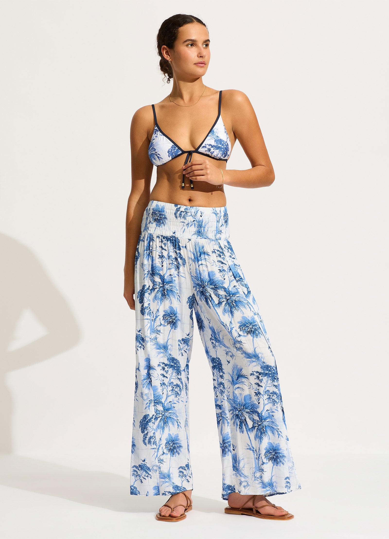 Marbella Shirred Waist Wrap Pants for Women - Comfortable White High Waisted Trousers for Casual Wear, Office & Travel