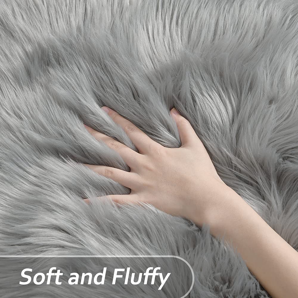Luxury Faux Sheepskin Rug - Ultra Soft Fluffy Shaggy Area Rug for Bedroom, Living Room, Sofa & Floor - Home Decor Grey Carpet (2.6x5.9ft Rectangle) - Perfect for Cozy Winter Nights, Nursery Decor & Scandinavian Style Interiors