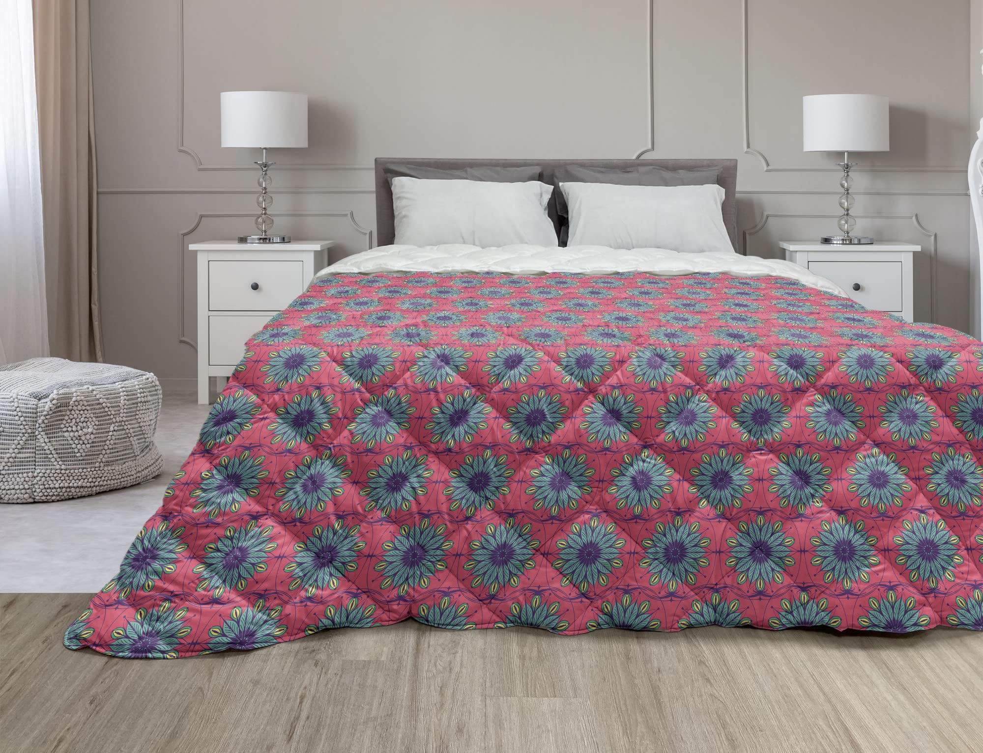 Ambesonne Boho Down Alternative Comforter - Oriental Inspired Blossoming Leaves Design, Microfiber All-Season Quilt, Queen Size in Hot Pink & Turquoise - Perfect for Bohemian Bedroom Decor & Cozy Home Styling
