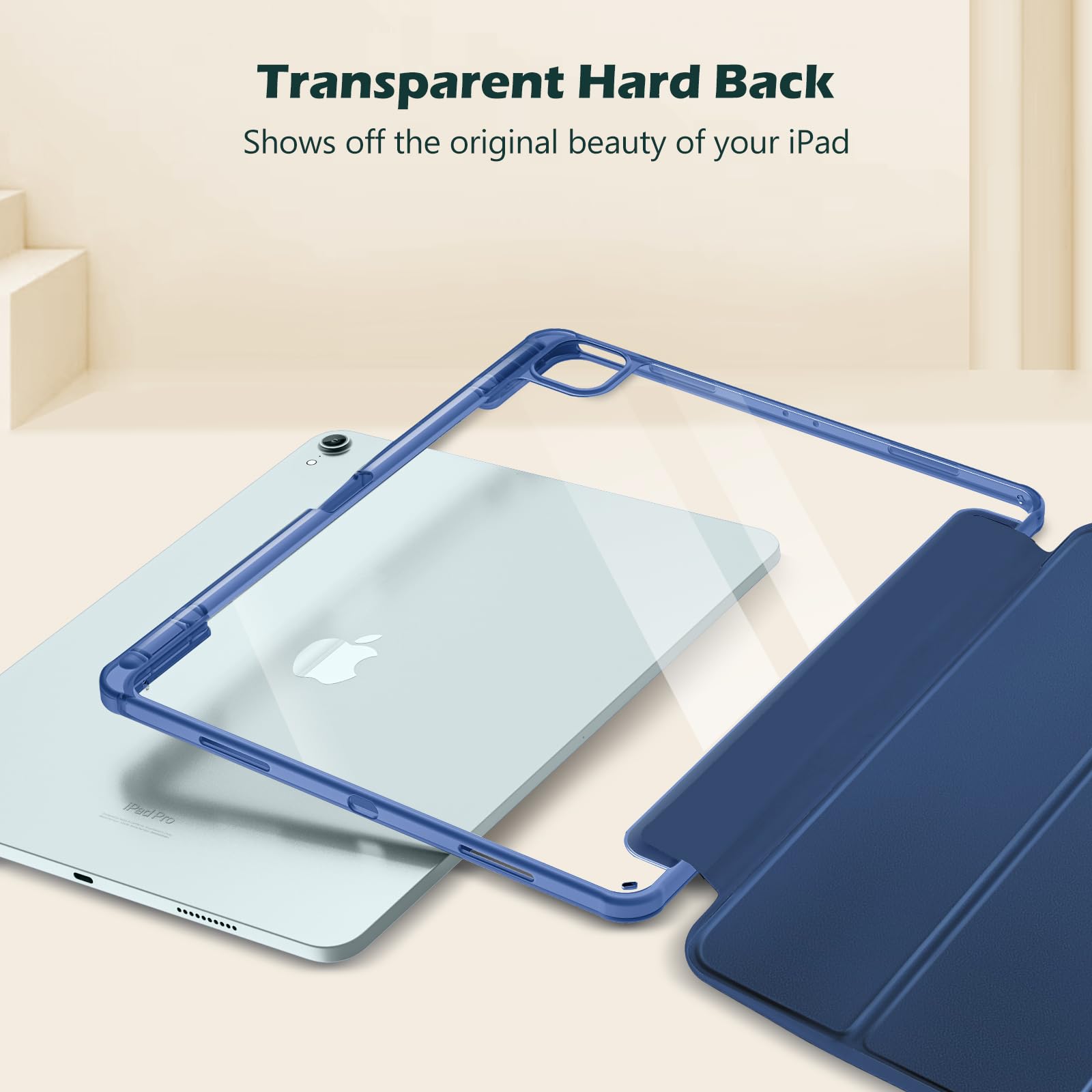 ProCase iPad Air 13 Inch Case 2025 M3/2024 M2 - Hybrid Protective Cover with Pencil Holder & Clear Transparent Back, Supports Touch ID & Auto Wake/Sleep - Navy Blue | Perfect for Work, School & Travel Protection