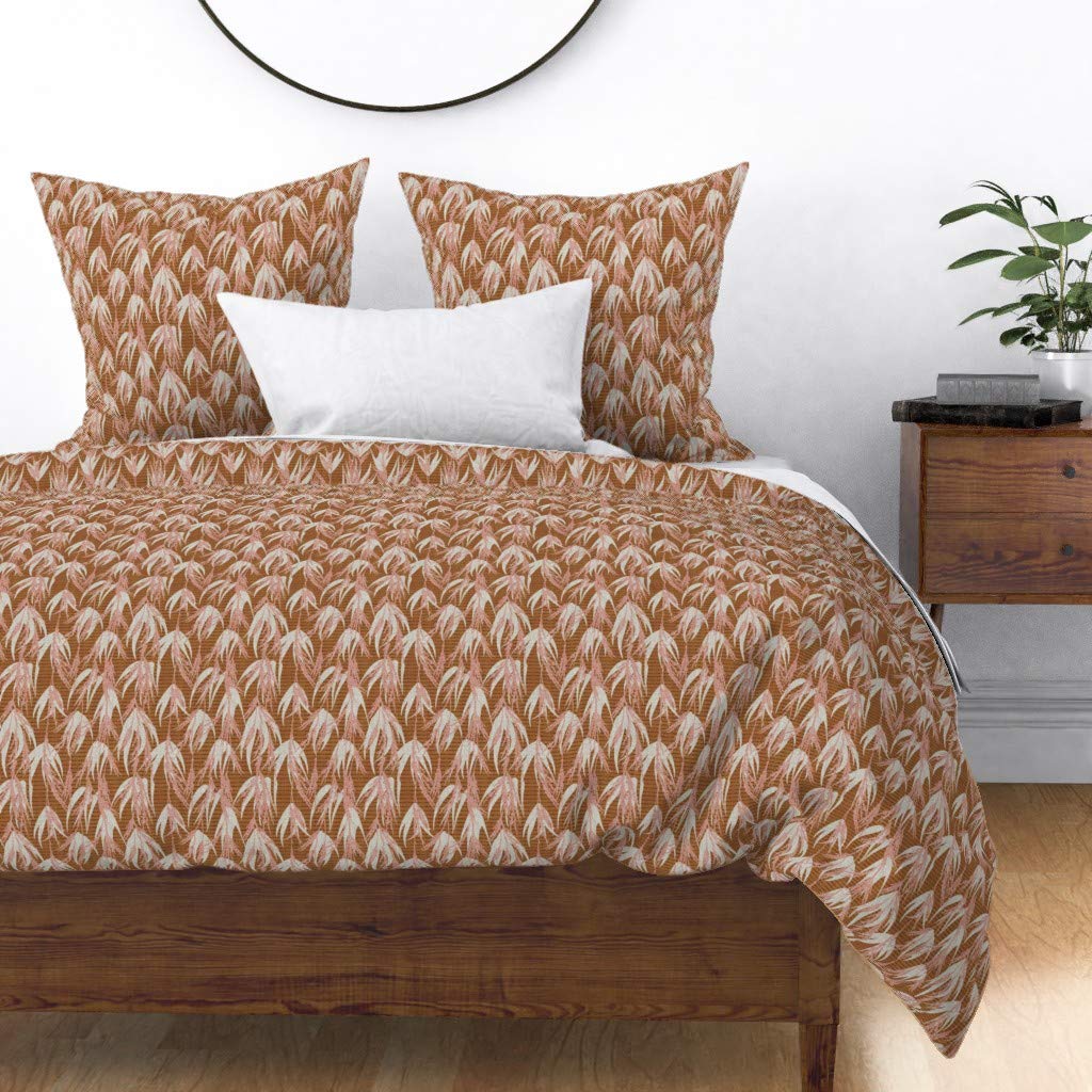 Soft Cotton Sateen Duvet Cover Full/Queen Size - Tropical Jungle Palm Tree Beach Print Bedding Set | Vintage Pink Leaf Ocean Design by Spoonflower | Perfect for Summer Bedroom Decor & Coastal Theme Guest Rooms
