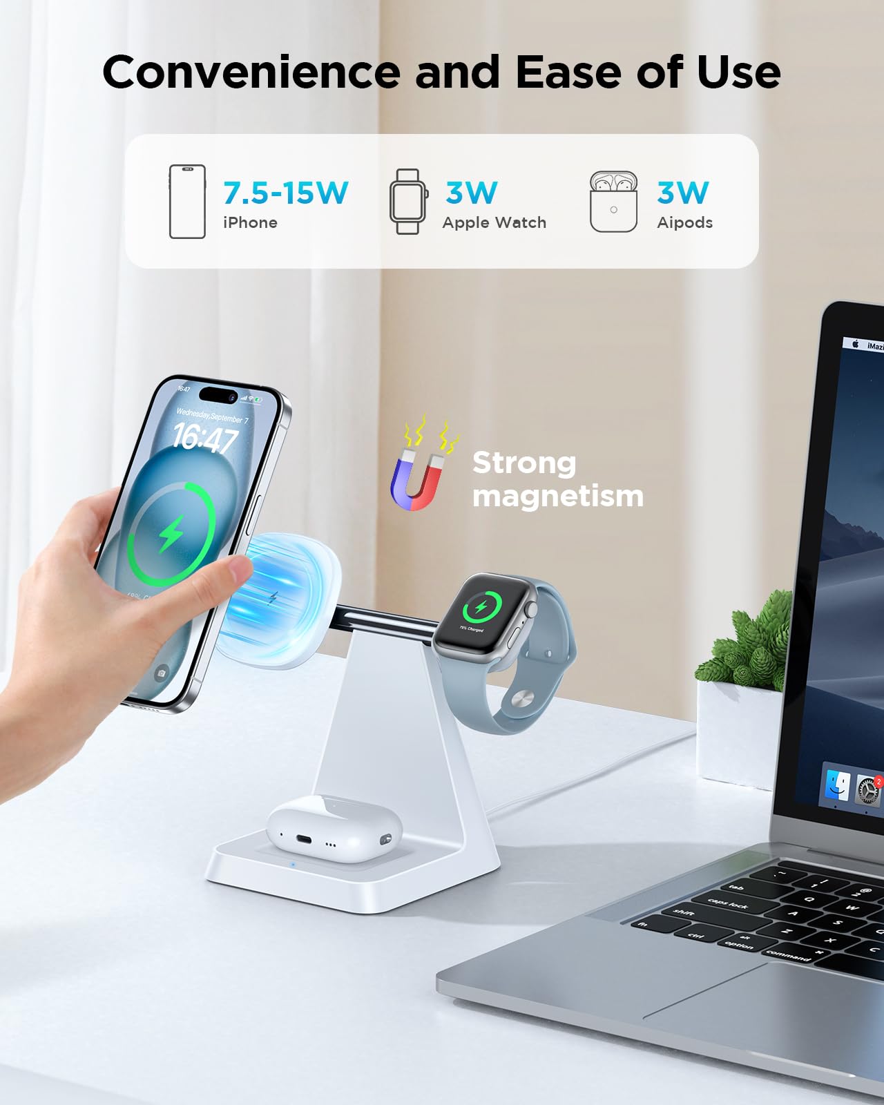 3-in-1 Magnetic Wireless Charging Station for iPhone 16/15/14/13/12 Pro Max/Plus & Apple Watch & AirPods - Fast MagSafe-Compatible Charger Stand Dock for Multiple Devices - Perfect for Home, Office, and Travel Use