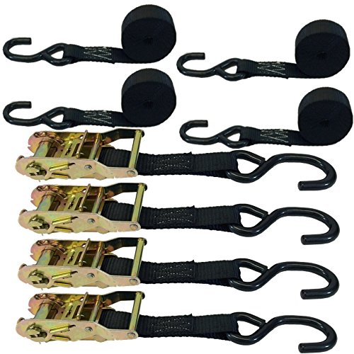 4 Pack 1 Inch Black Ratchet Straps with Coated S Hooks - Heavy Duty Tie Down Straps for Truck, Cargo, Motorcycle & Boat Securing - Secure Transport & Storage Solution