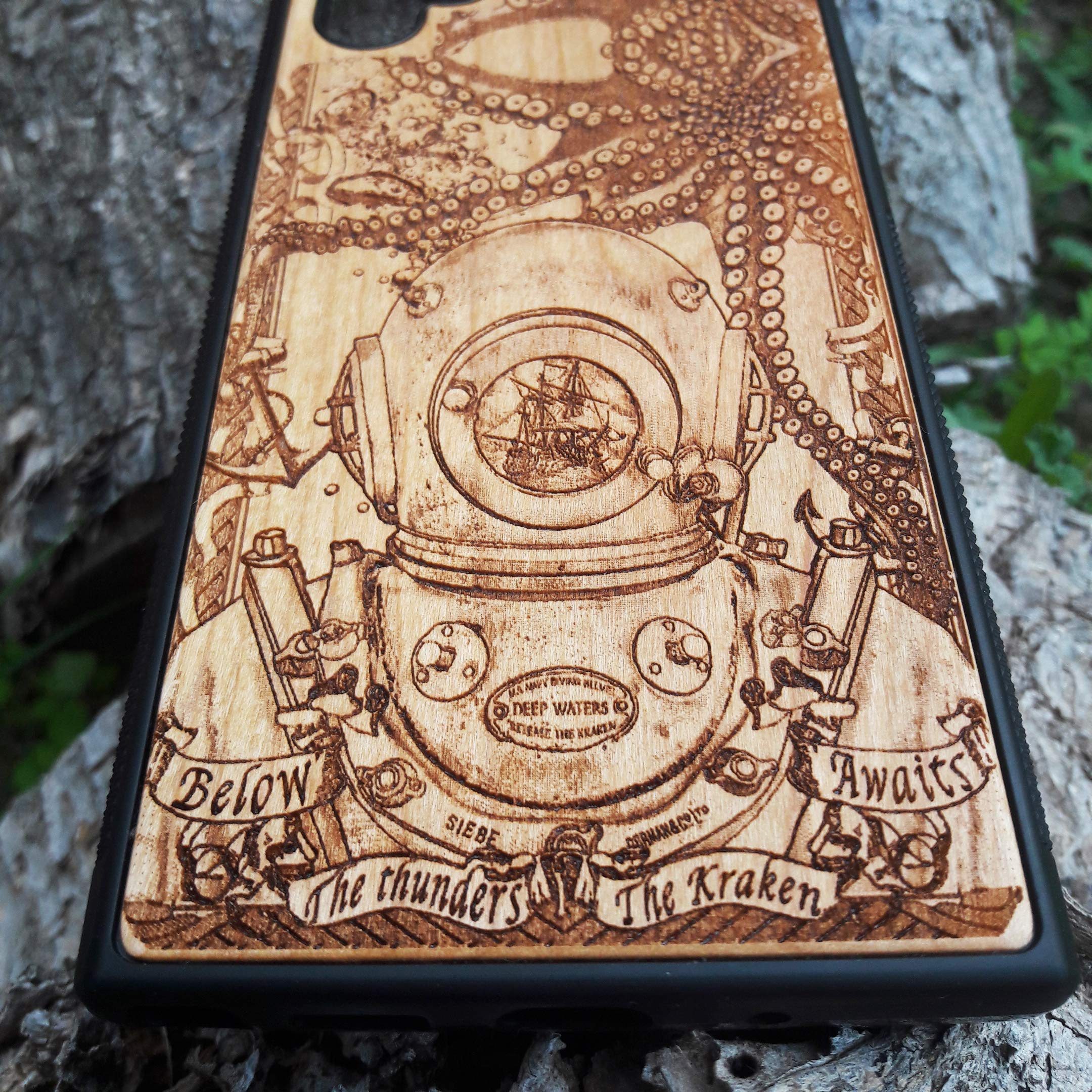 Premium Wooden Phone Case for iPhone 16/15/14/13/12/11 Pro Max/Mini & Galaxy S25/S24/S23/S22/S21/S20 Ultra Plus - Laser Engraved Deep Diver Design, Eco-Friendly Slim Protective Cover - Perfect for Outdoor Adventures & Daily Use