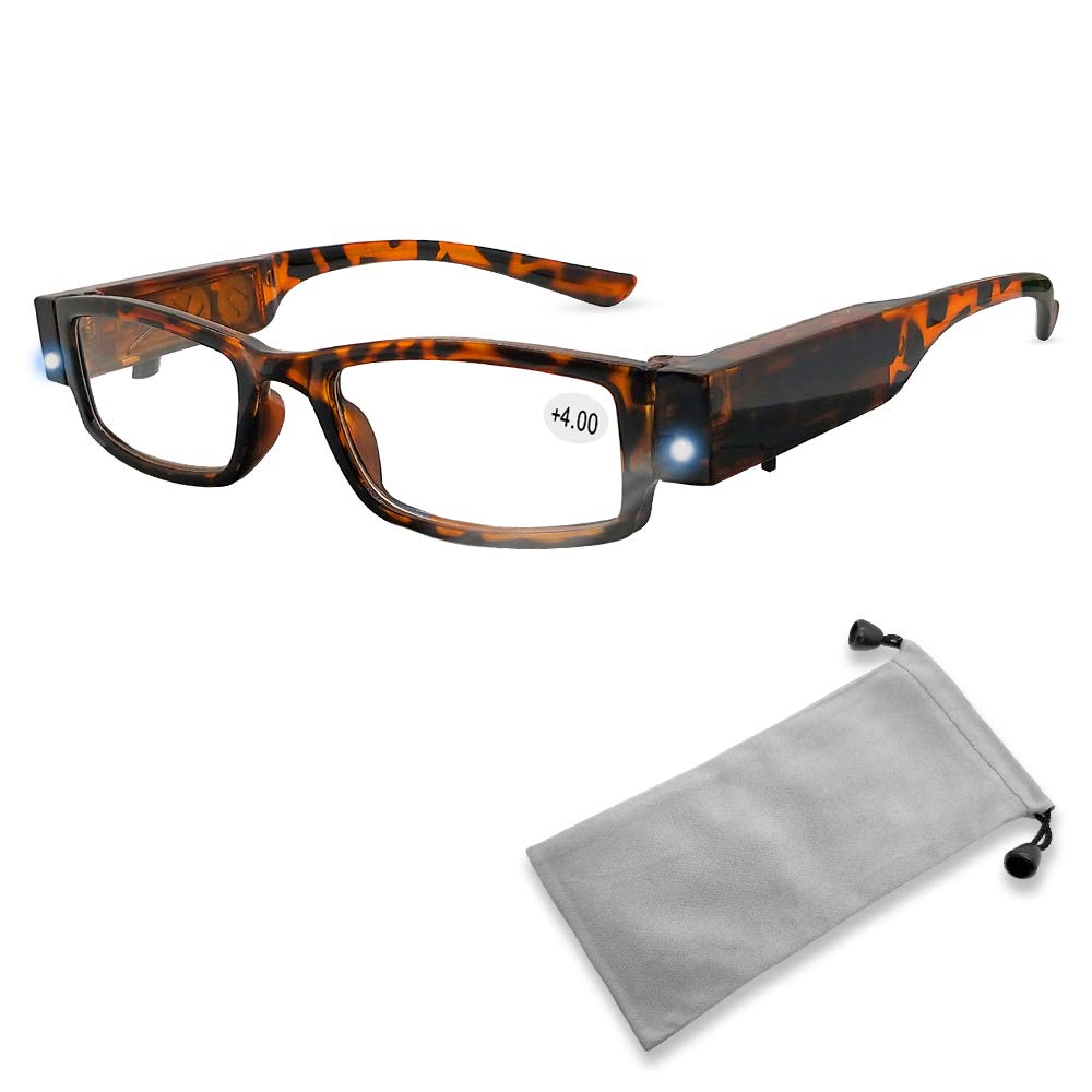 LED Magnifying Reading Glasses with Light for Men & Women - +4.0 Strength Full Frame Eyewear - Hands-Free Illuminated Readers for Nighttime Reading, Crafts, Hobbies & Close Work