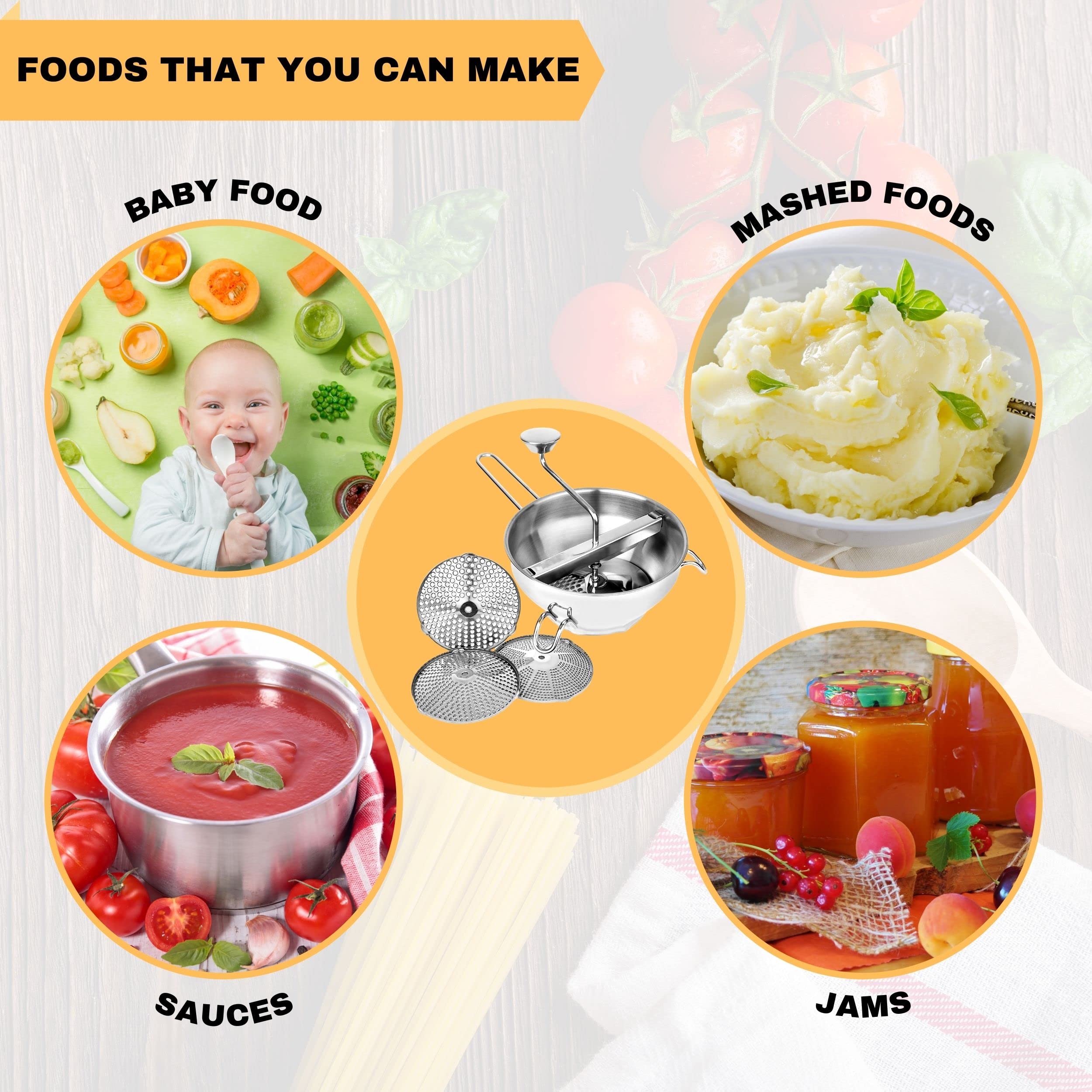 Premium Stainless Steel Food Mill with 3 Interchangeable Grinding Discs - Professional Kitchen Tool for Making Tomato Sauce, Mashed Potatoes, Purees, Baby Food & Canning - Dishwasher Safe - Perfect for Home Cooking, Restaurant Use & Food Preservation
