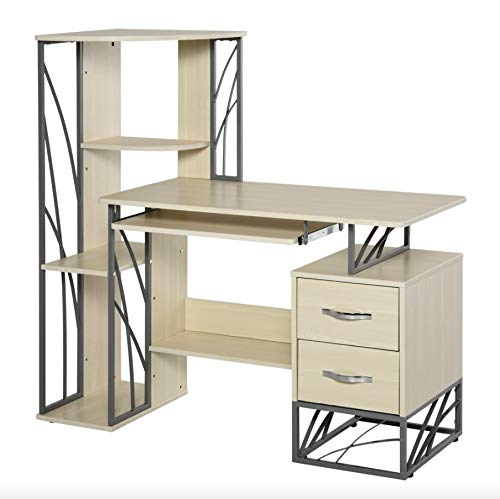 Ergonomic Home Office Computer Desk with 4-Tier Side Shelf, Keyboard Tray & 2 Lockable Drawers - Study Writing Workstation with Ample Storage Space & Sturdy Metal Frame - Perfect for Remote Work, Online Learning & Small Space Home Offices