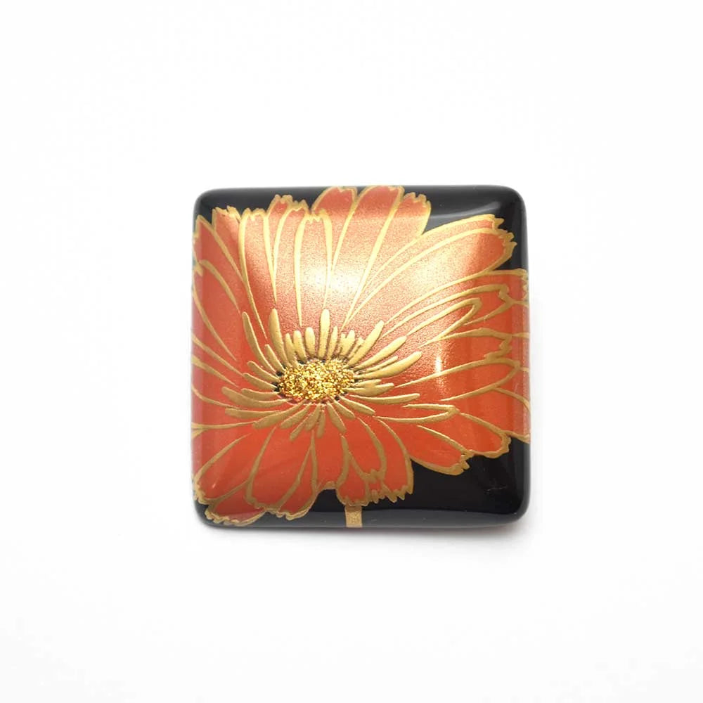 Handcrafted Maki-e Urushi Lacquer Brooch - Japanese Judas Tree & Gerbera Floral Design | Traditional Japanese Lacquer Jewelry for Women | Perfect for Kimono, Formal Wear & Special Occasions