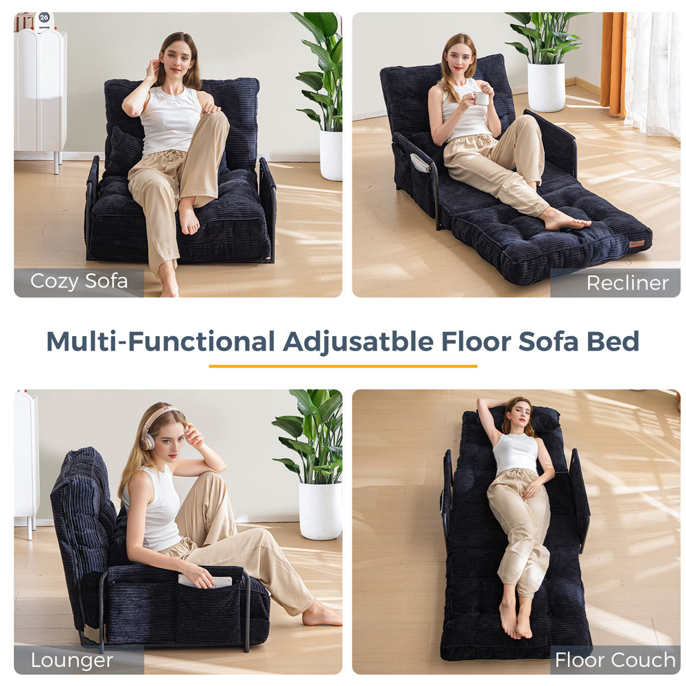 MAXYOYO Adjustable Floor Sofa Couch - 5 Position Foldable Lazy Sofa Sleeper Bed with Pillow & Armrest - Single Size Black for Living Room, Bedroom & Small Spaces