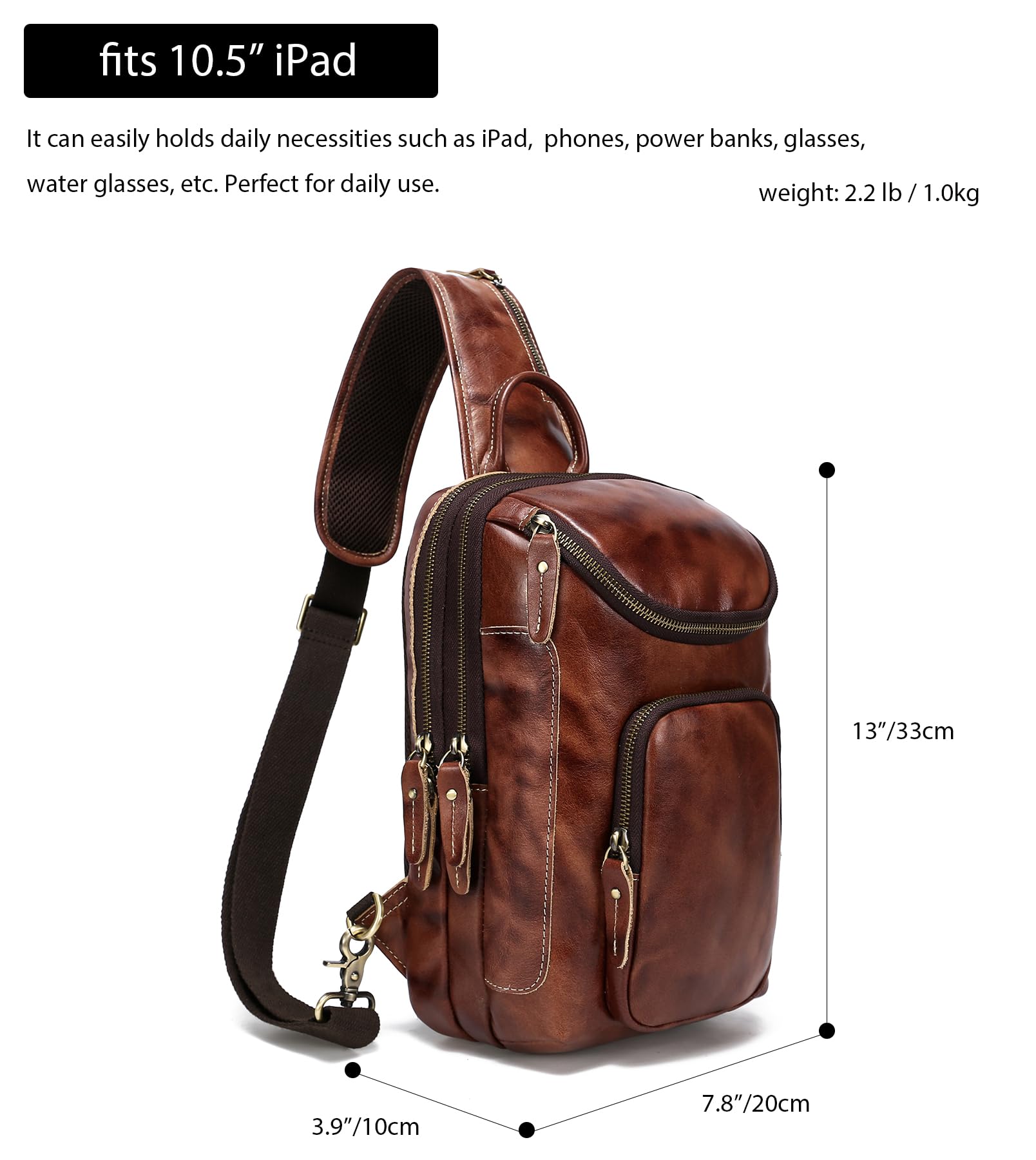 Vintage Full Grain Leather Sling Bag for Men & Women - Crossbody Chest Daypack - Perfect for Travel, Hiking, and Everyday Use