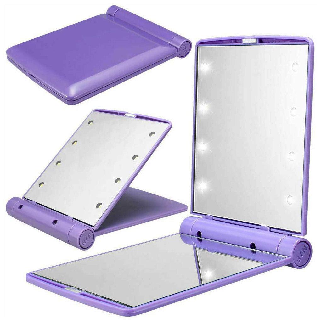Mpowtech Portable LED Lighted Travel Makeup Mirror - 8 Adjustable LED Lights, Folding Compact Design for Purse & Pocket | Perfect for Travel, Home Vanity & On-the-Go Touchups (Purple)