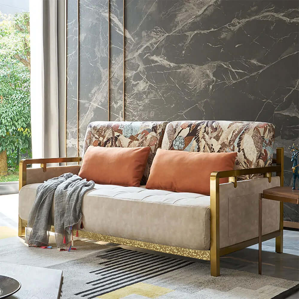 Modern Convertible Full Sleeper Gold Metal Beige Upholstered Sofa Bed - Space-Saving Furniture for Small Apartments, Guest Rooms & Home Offices
