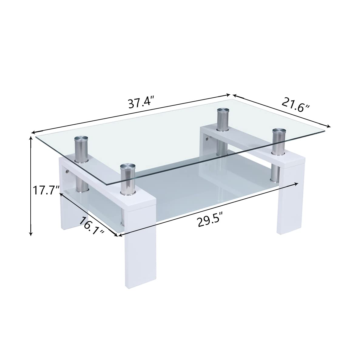 Modern Rectangle Glass Coffee Table with Wooden Legs & Lower Shelf - 8mm Tempered Glass Top - Perfect for Living Room, Lounge, or Office Furniture (White)