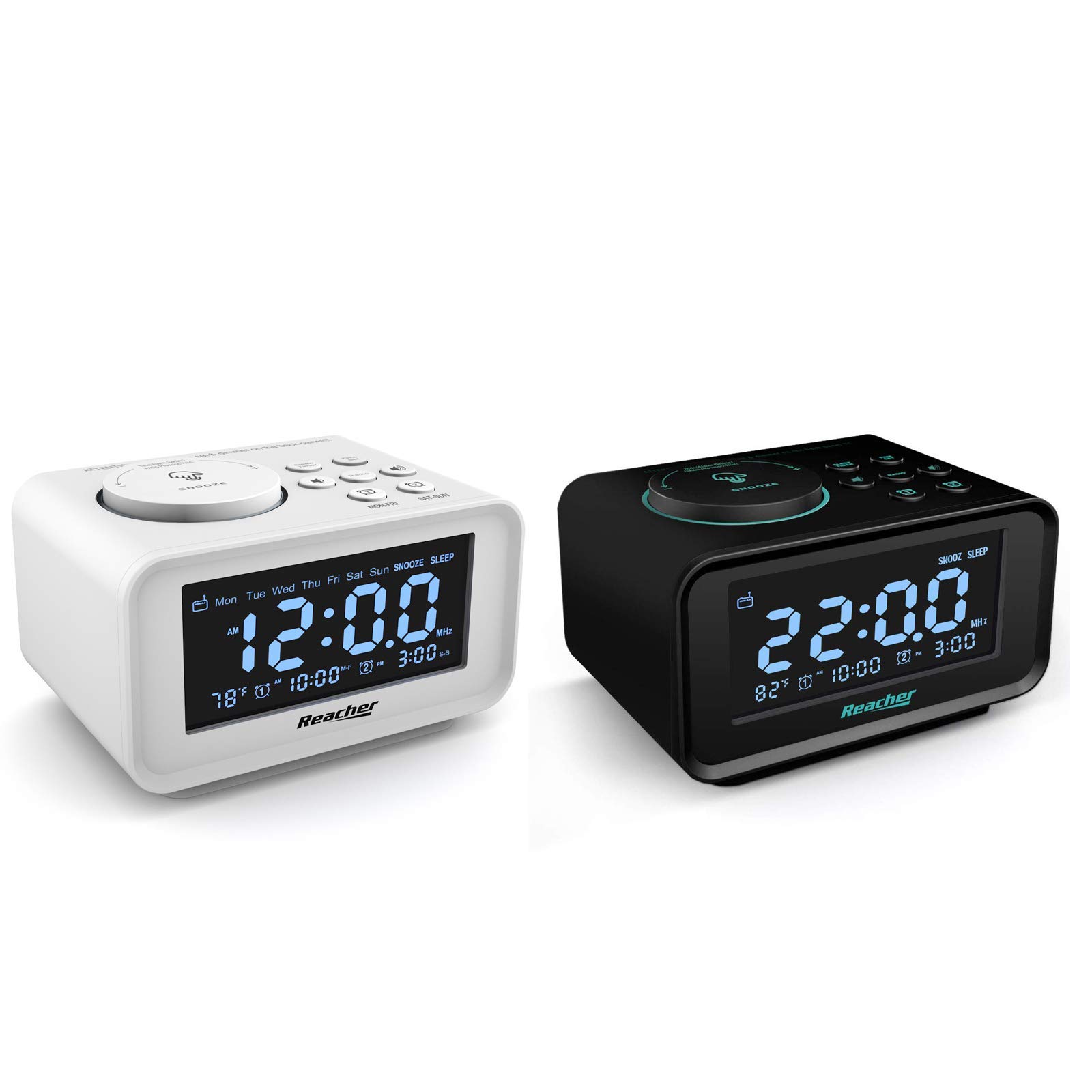 REACHER Dual Alarm Clock Radio Bundle - Weekday/Weekend Mode, FM Radio, White & Black Clocks for Bedroom, Office, Travel | Perfect for Heavy Sleepers & Multi-Purpose Use
