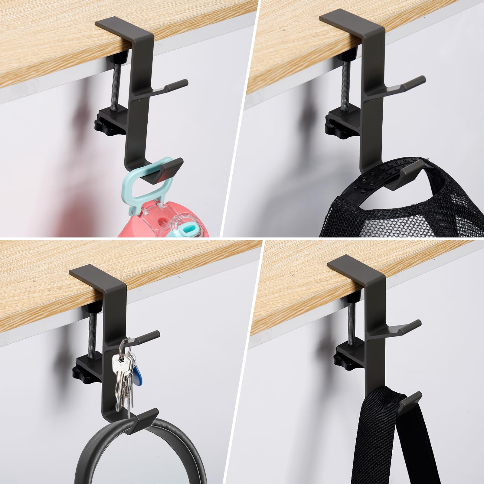 2pcs Adjustable Metal Purse Holder Hook - Branch Shaped Desk Mount Bag Clamp for Backpack, Handbag & Accessories - Space Saving Organizer for Office, Home & Dorm (Grey)