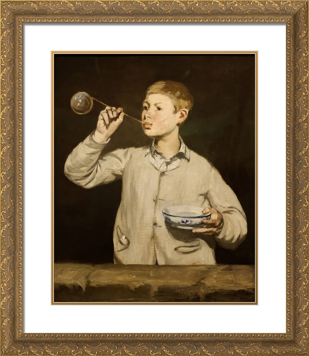 Edouard Manet 'Boy Blowing Bubbles' 20x23 Gold Ornate Framed Art Print with Double Matting - Classic Wall Decor for Living Room, Bedroom & Office