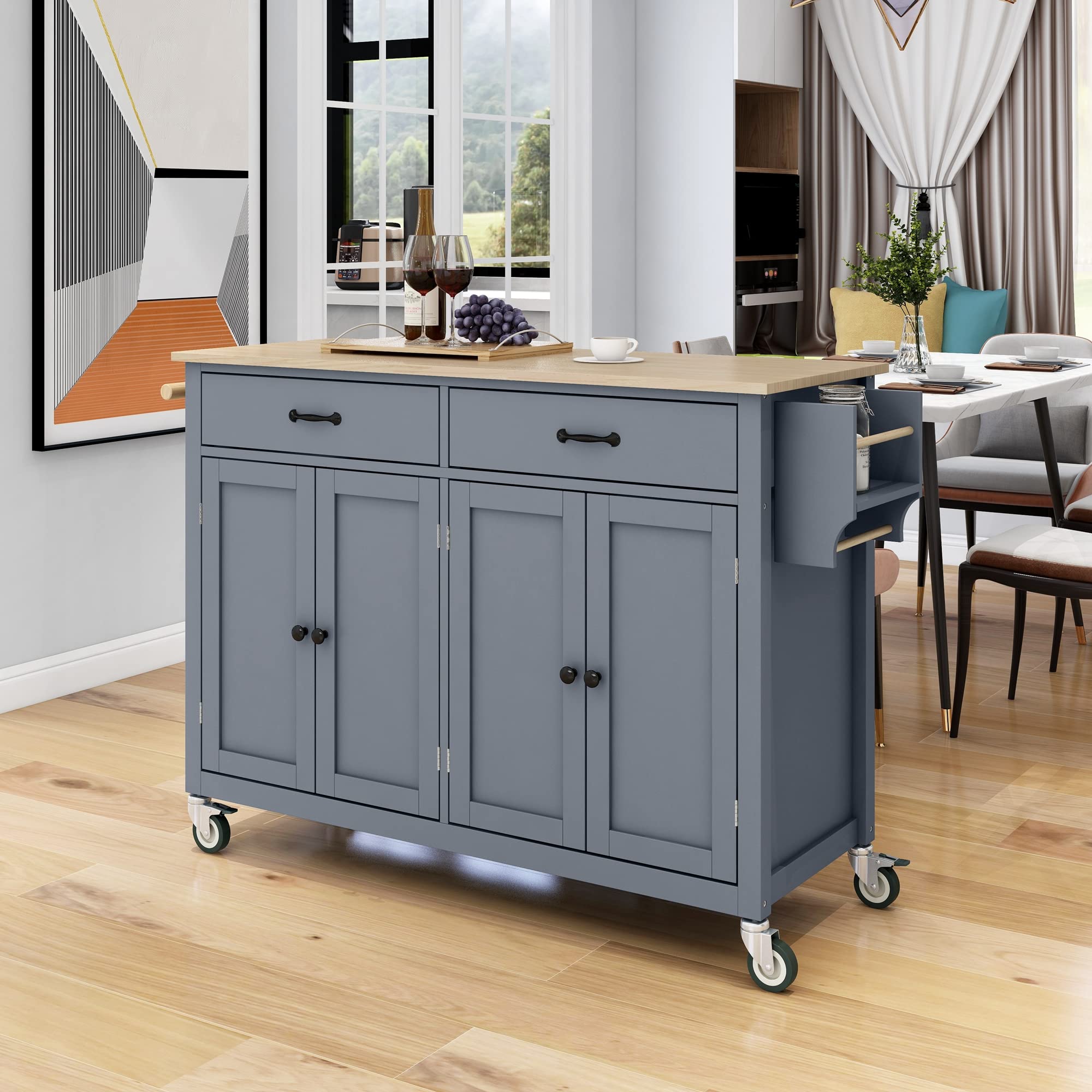 MERITLINE Mobile Kitchen Island with Storage & Wheels, Rolling Kitchen Cart Cabinet with Adjustable Shelves, Drawer, Spice & Towel Rack, Large Solid Wood Top - Grey | Portable Workstation for Small Kitchens, Dining Room Organizer, Breakfast Bar & Food Prep Station