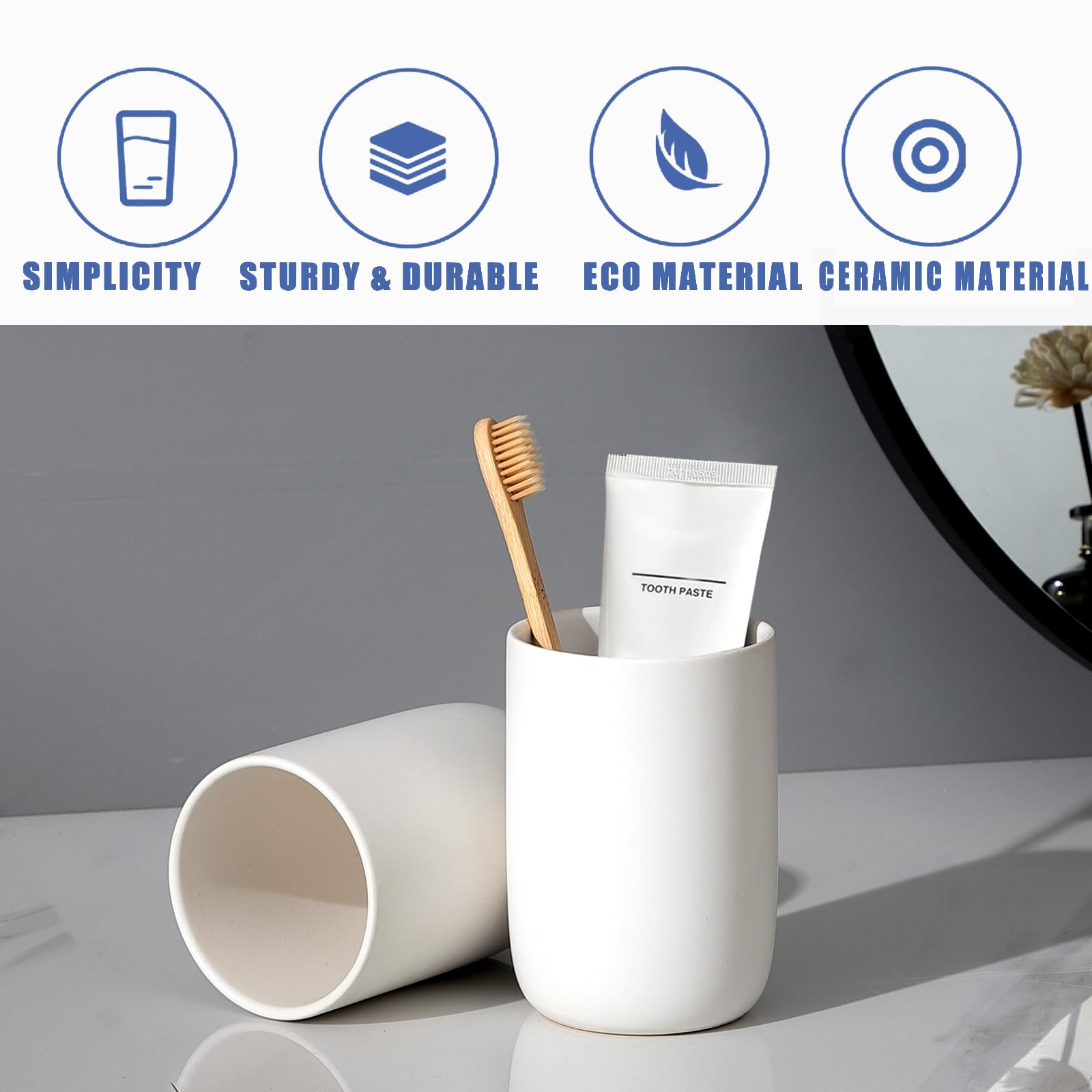 Ceramic Toothbrush Holder for Bathroom - White Reusable Toothbrush & Toothpaste Cup with Mouthwash Compartment | Bathroom Counter Organizer for Sink, Vanity & Shower Organization