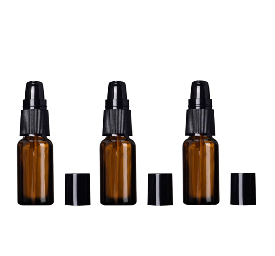 3-Pack 20ML Small Amber Glass Travel Bottles - Leakproof Refillable Pump Bottles for Lotion, Essential Oils & Cosmetics | Perfect for Toiletries, Skincare Creams & DIY Blends (Ideal for Travel, Gym & Home Use)