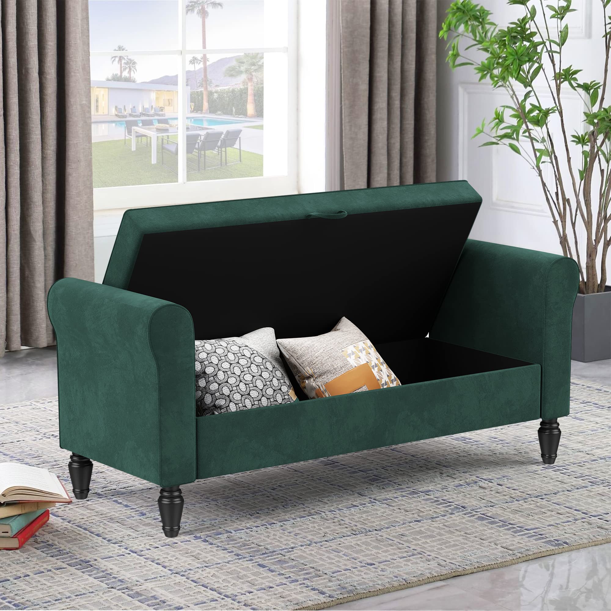 Alunaune Velvet Upholstered Storage Bench - Modern Rolled Arm Ottoman for Bedroom, Living Room & Entryway - Green | Bed Seat, Couch End Bench, Settee with Hidden Storage Compartment | Perfect for Small Spaces, Home Decor & Extra Seating