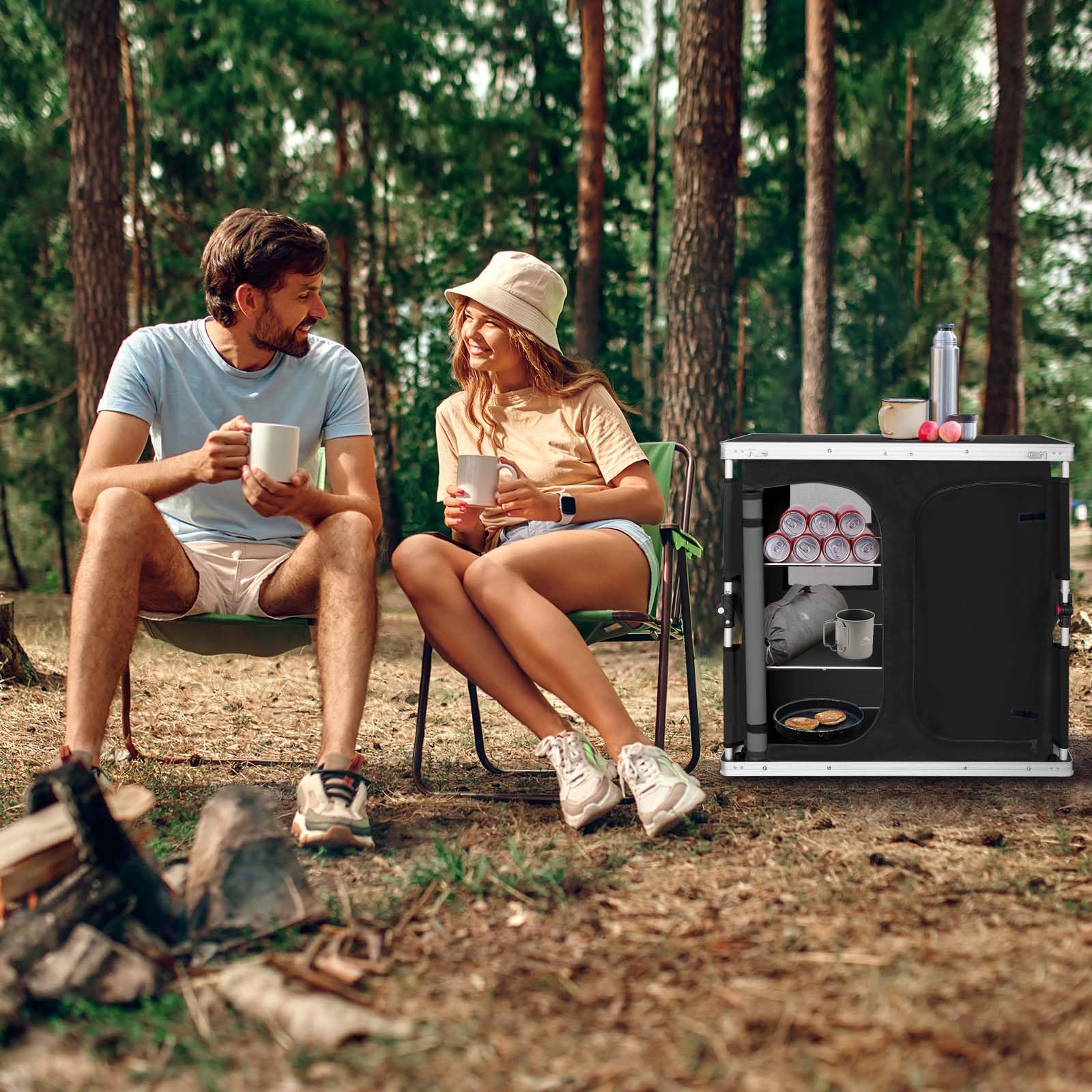 EAGLE PEAK Double Outdoor Folding Camping Table with 3-Tier Storage & Side Pockets - Portable Aluminum Camp Kitchen for Picnics, BBQs, Tailgating & RV Trips - Easy Setup Compact Design (Black)