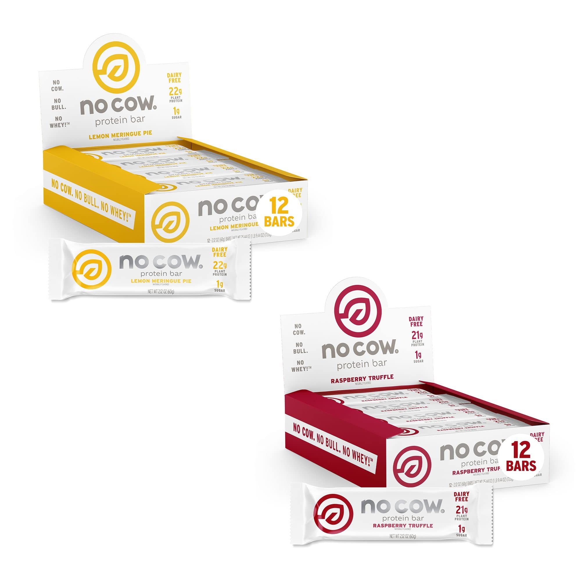 No Cow High Protein Bars - Lemon Meringue Pie & Raspberry Truffle (24 Pack) | 21g Plant-Based Vegan Protein | Keto, Low Sugar, Low Carb, Low Calorie, Gluten Free Snacks | Perfect for Workouts, Hiking & On-the-Go Nutrition
