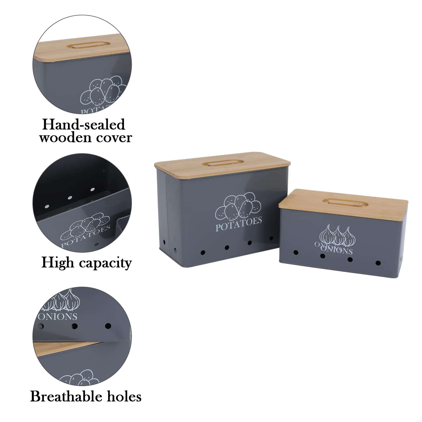 Potato and Onion Storage Containers with Bamboo Lid - Set of 2 Airtight Food Storage Bins with Ventilation Holes for Kitchen, Pantry, or Countertop Organization