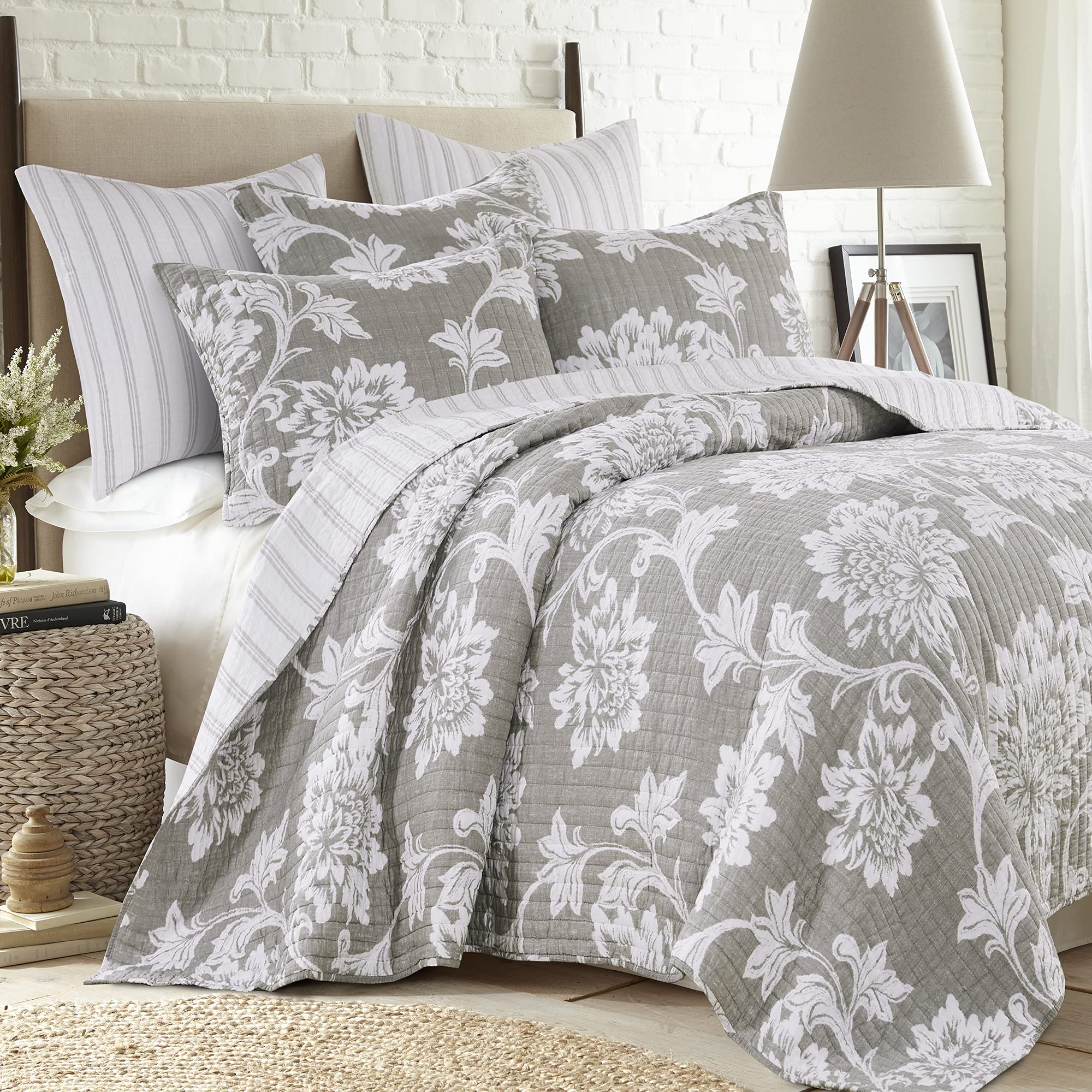 Levtex Home Sanira Reversible Floral Quilt Set - Twin/Twin XL (68x86) + Standard Pillow Sham (20x26) - Beige & White Cotton Bedding - Perfect for Guest Rooms, Dorm Decor & Cozy Bedroom Makeovers