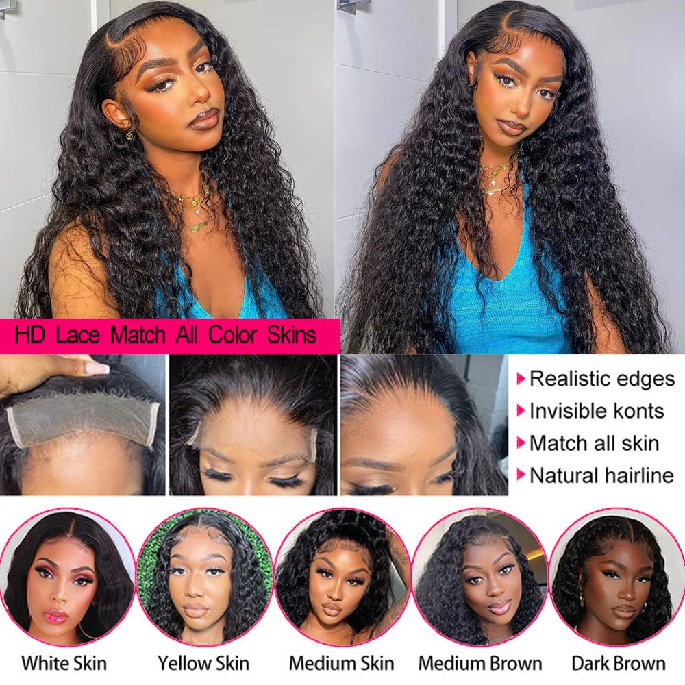 QinMei 13x4 Deep Wave Human Hair Lace Front Wigs for Black Women | Brazilian Virgin Human Hair Deep Curly Lace Front Wig with Baby Hair | Pre-Plucked Bleached Knots | Natural Color 180% Density 16 Inch | Perfect for Daily Wear, Parties & Special Occasions