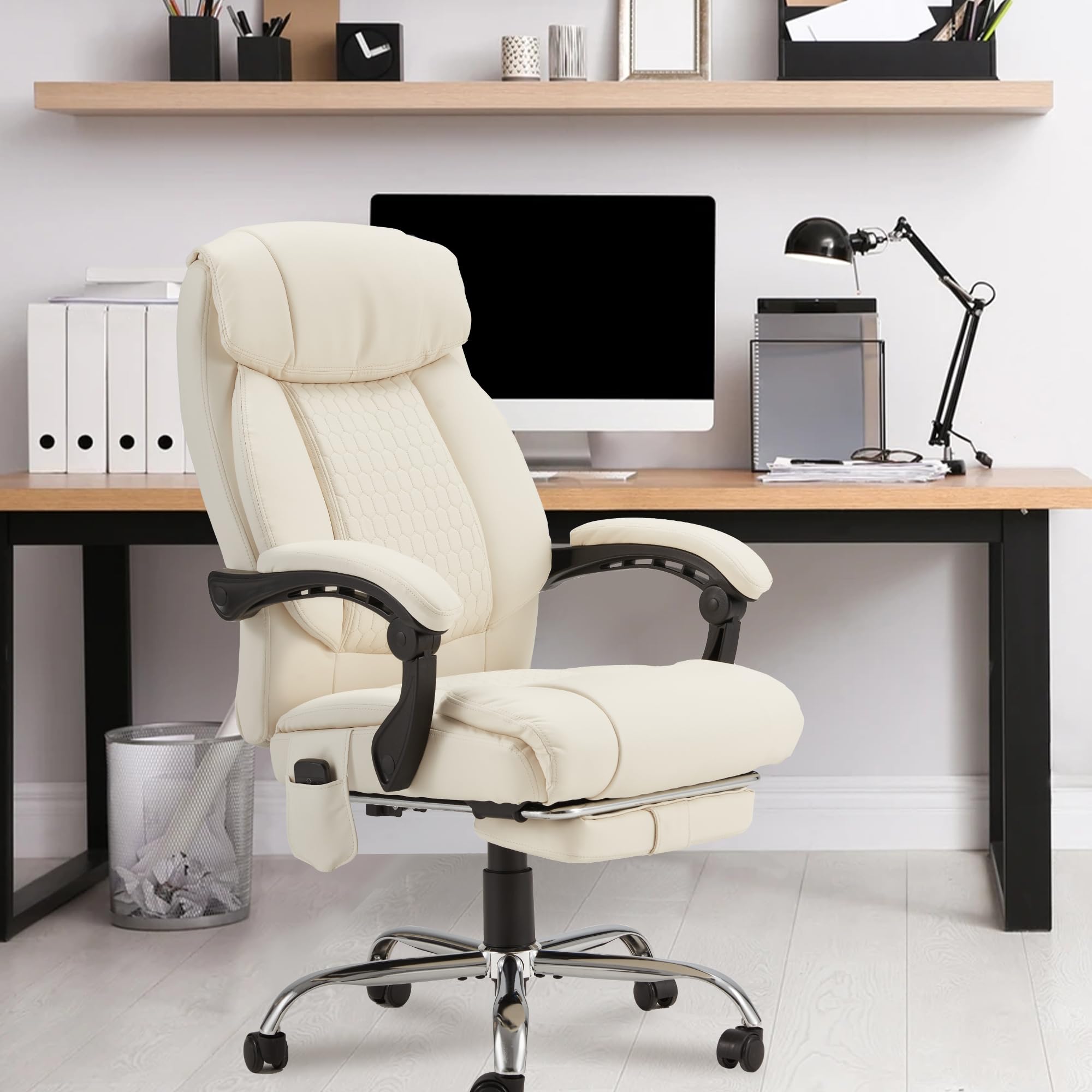 HOMREST Ergonomic Reclining Office Chair with 4-Point Massage & Heating - Adjustable Executive Chair with Retractable Footrest - Comfortable Computer Desk Chair for Home Office, Gaming & Work - Beige