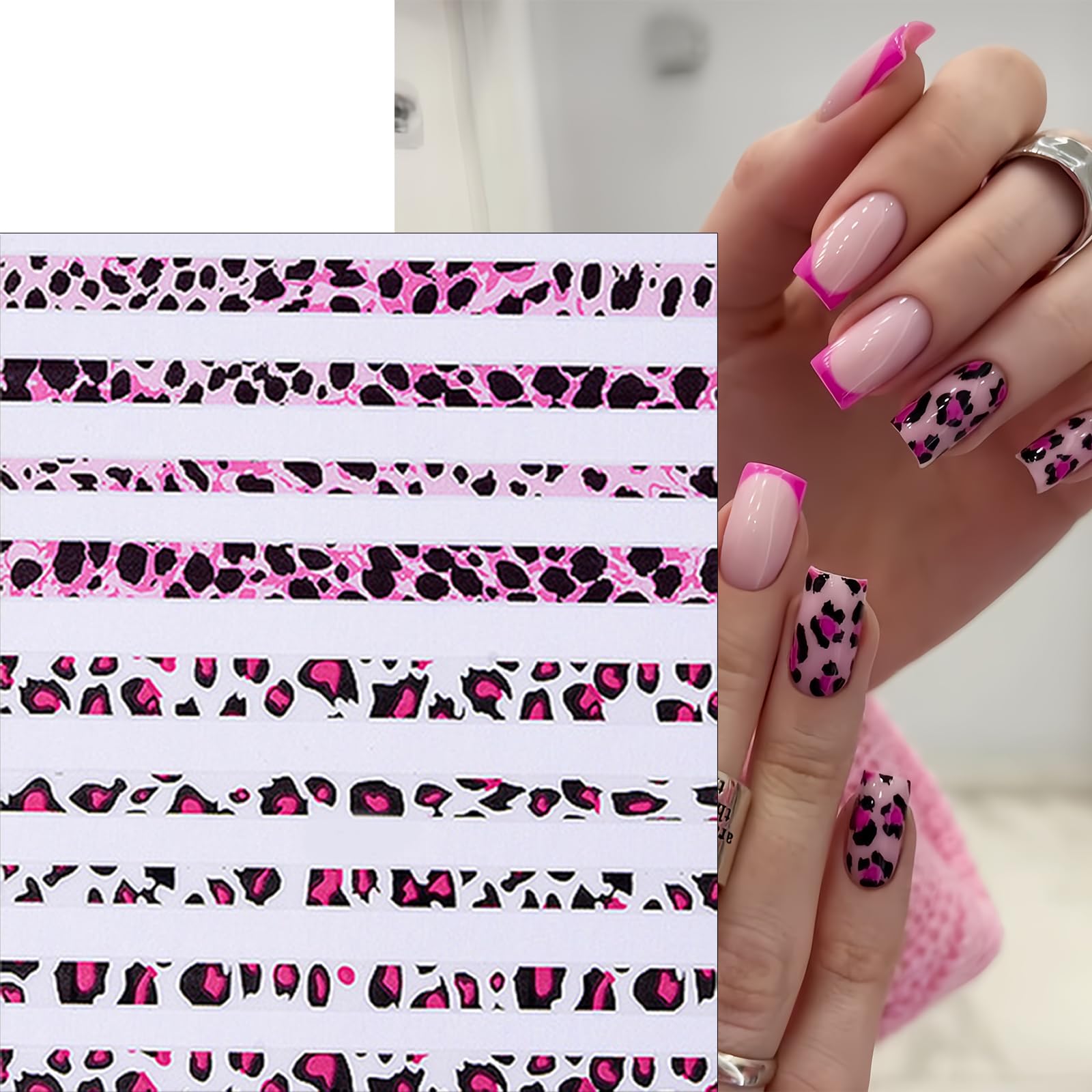 Leopard Print Nail Art Stickers - 6 Sheets 3D Self-Adhesive Nail Decals for French Manicure | Pink & Brown Leopard Design Nail Accessories for Women | Perfect for Salon, Home Manicure & Party Nail Decor