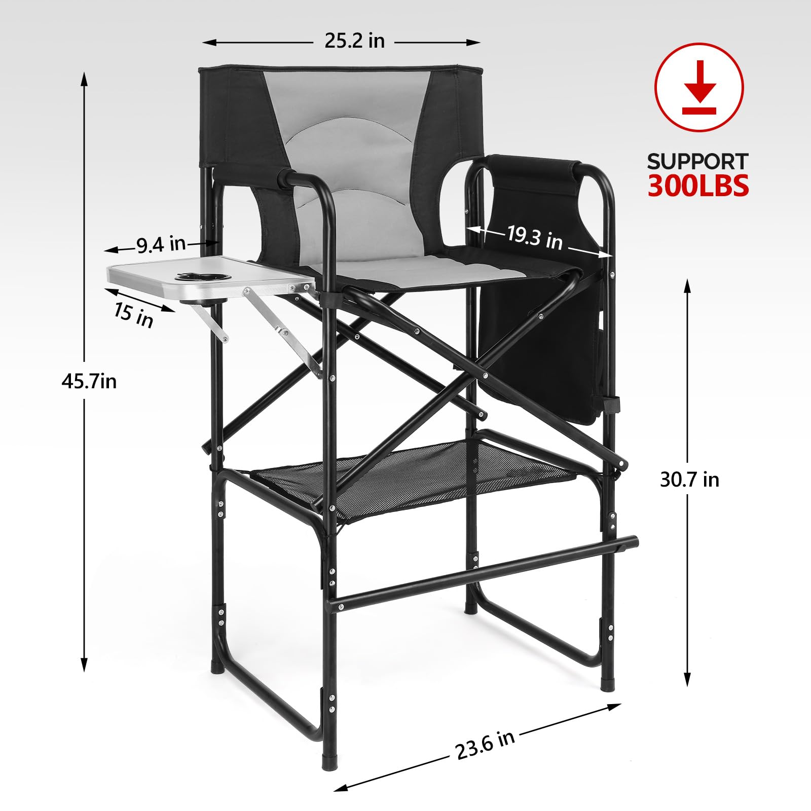 Mefeir 30 Inch Heavy Duty Directors Camping Chair with Side Table - Portable Folding Bar Height Chair for Outdoor, Beach, Picnics & Makeup Artists - 300 lbs Capacity Aluminum Frame