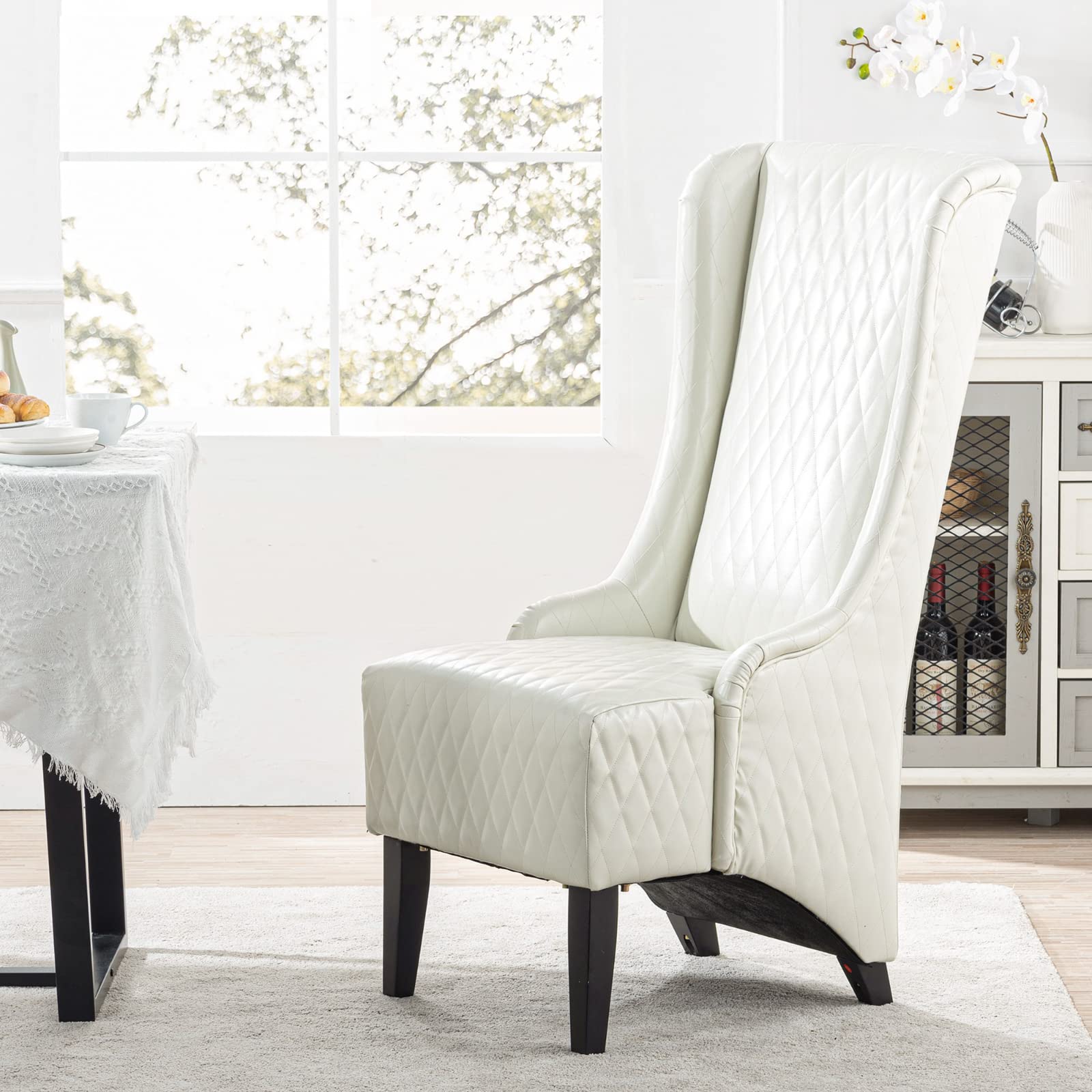 Premium High Back Dining Chair - Tufted Wingback Accent Chair with Arms in White Leather - Perfect for Dining Room, Living Room, Hotel & Office Decor - Ergonomic Support for Comfortable Seating