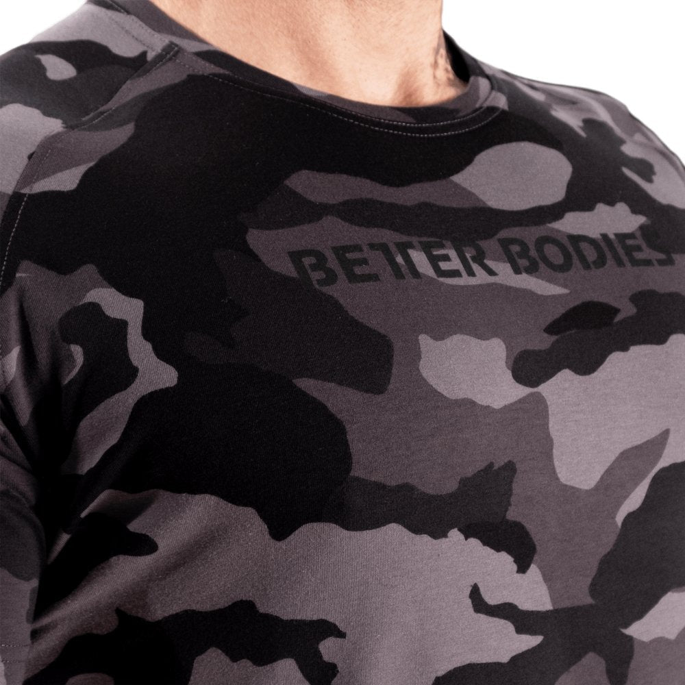 Better Bodies Gym Tapered Tee - Dark Camo Workout Shirt for Men | Moisture-Wicking Fitness Apparel for Weightlifting & Cross Training
