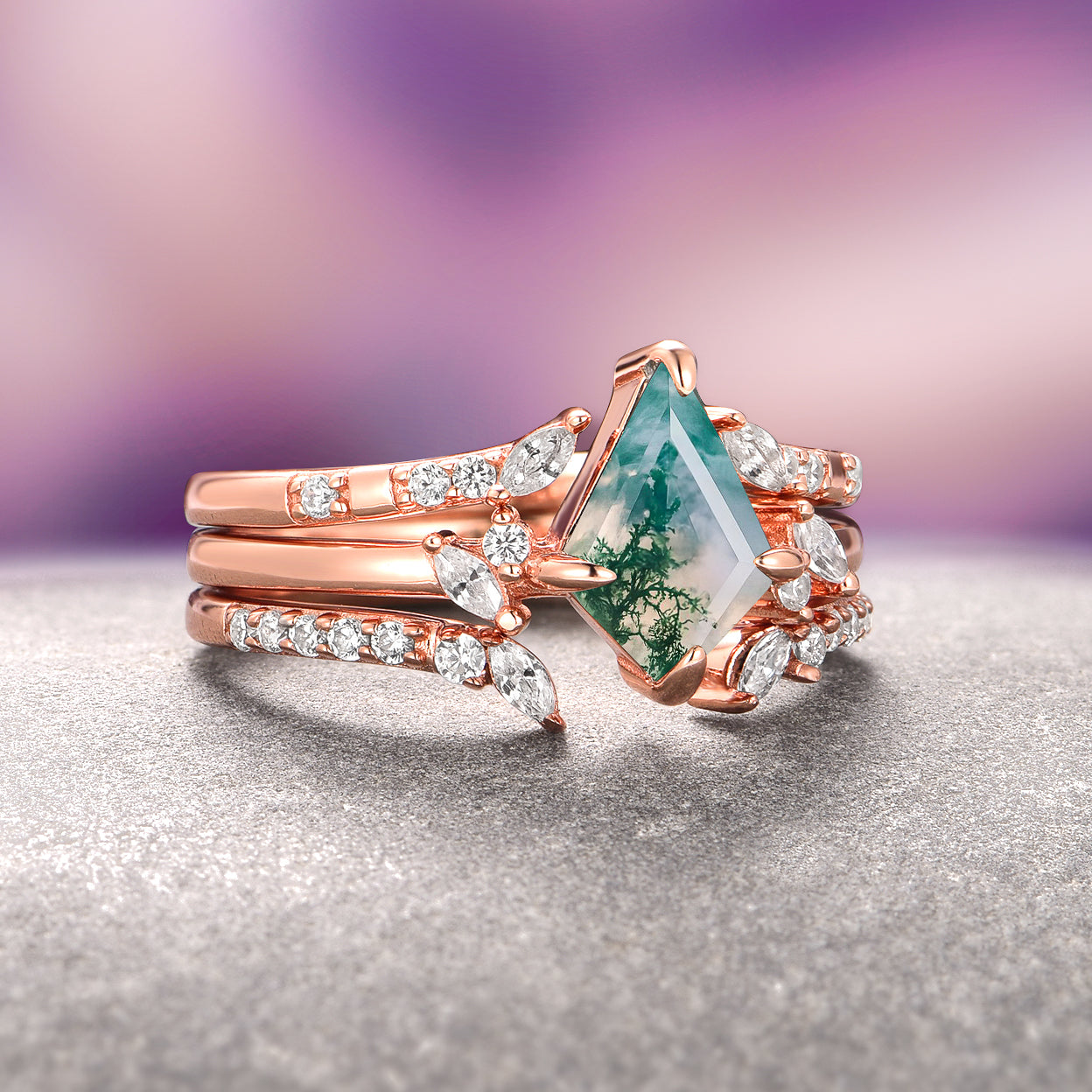 14K Rose Gold Vermeil Kite Green Moss Agate Ring Set (3 Piece) - Elegant Jewelry Gift for Women, Perfect for Weddings, Anniversaries & Special Occasions