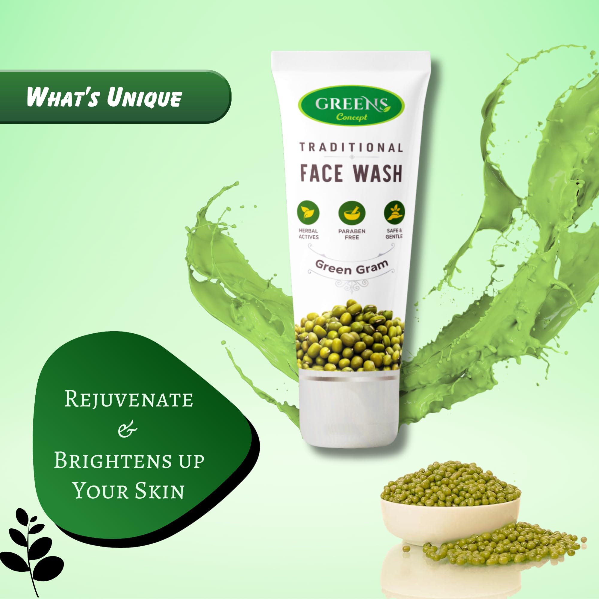 Green's Concept Traditional Green Gram Face Wash for Sensitive Skin - Natural & Rejuvenating, 120ml (Pack of 2) | Gentle Daily Cleanser for Dry, Acne-Prone & Dull Skin