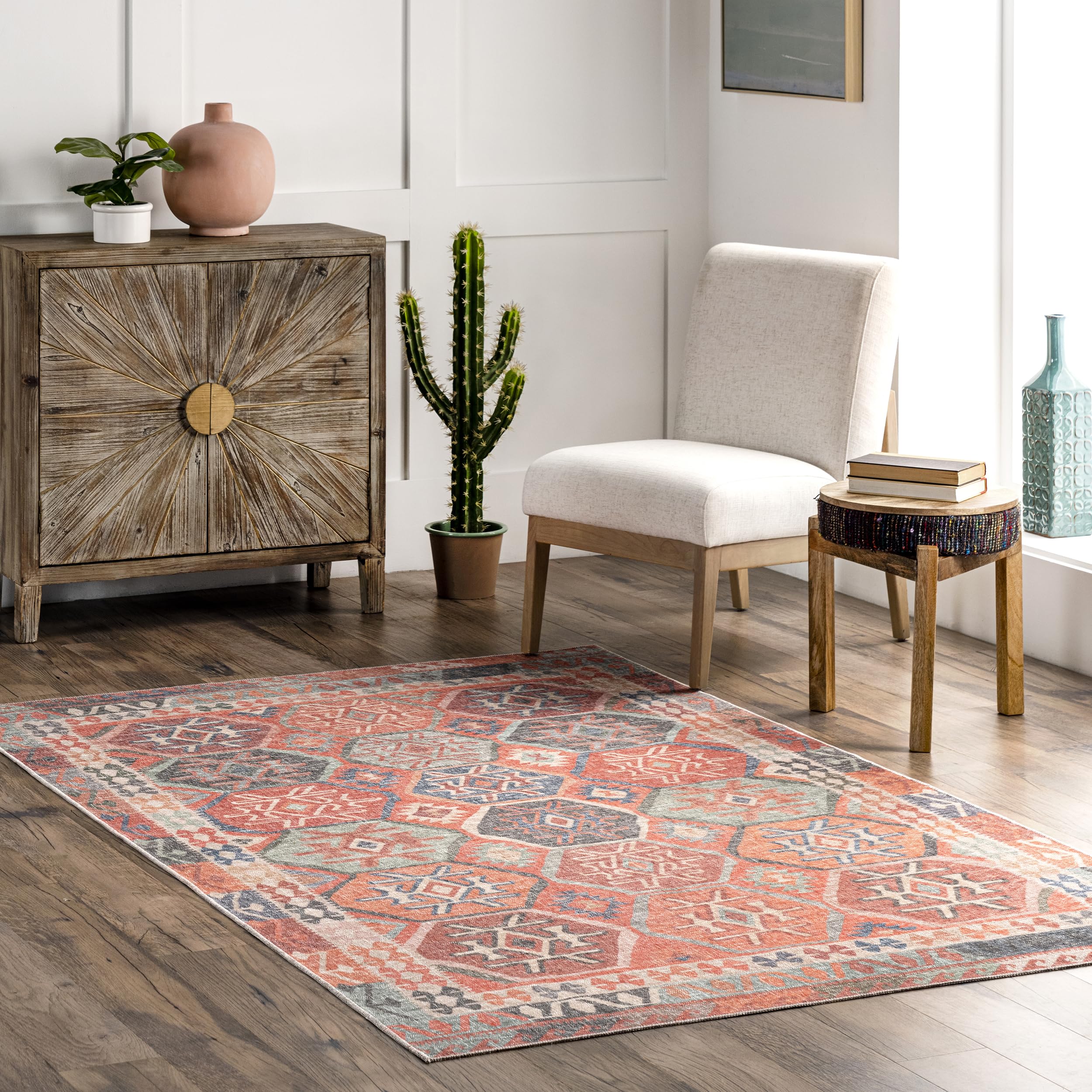nuLOOM Vivien Moroccan Tiles Washable Area Rug 8x10 Feet - Rust Color, Soft Non-Slip Living Room Rug for Bedroom, Dorm & Home Decor | Easy to Clean Modern Floor Mat