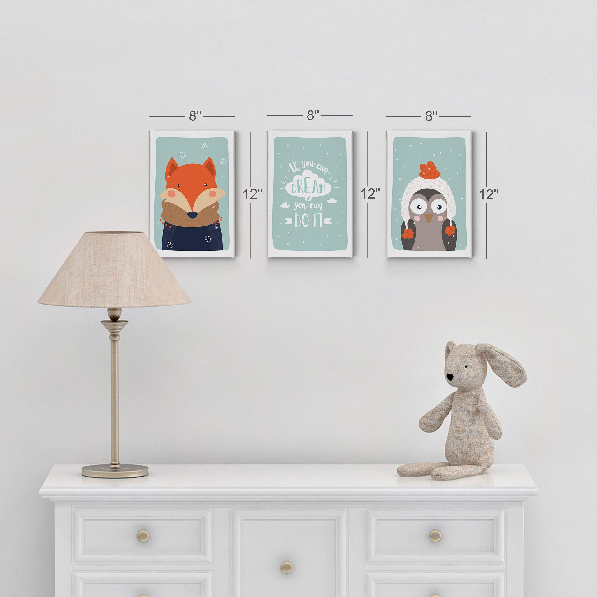 Cute Fox Owl Winter Theme Canvas Print Set - 3 Piece Turquoise Wall Art for Kids Room Decor, Baby Boy & Girl Nursery, Ready to Hang (22x15 inches) | Made in USA | Perfect for Bedroom, Playroom & Gift Giving